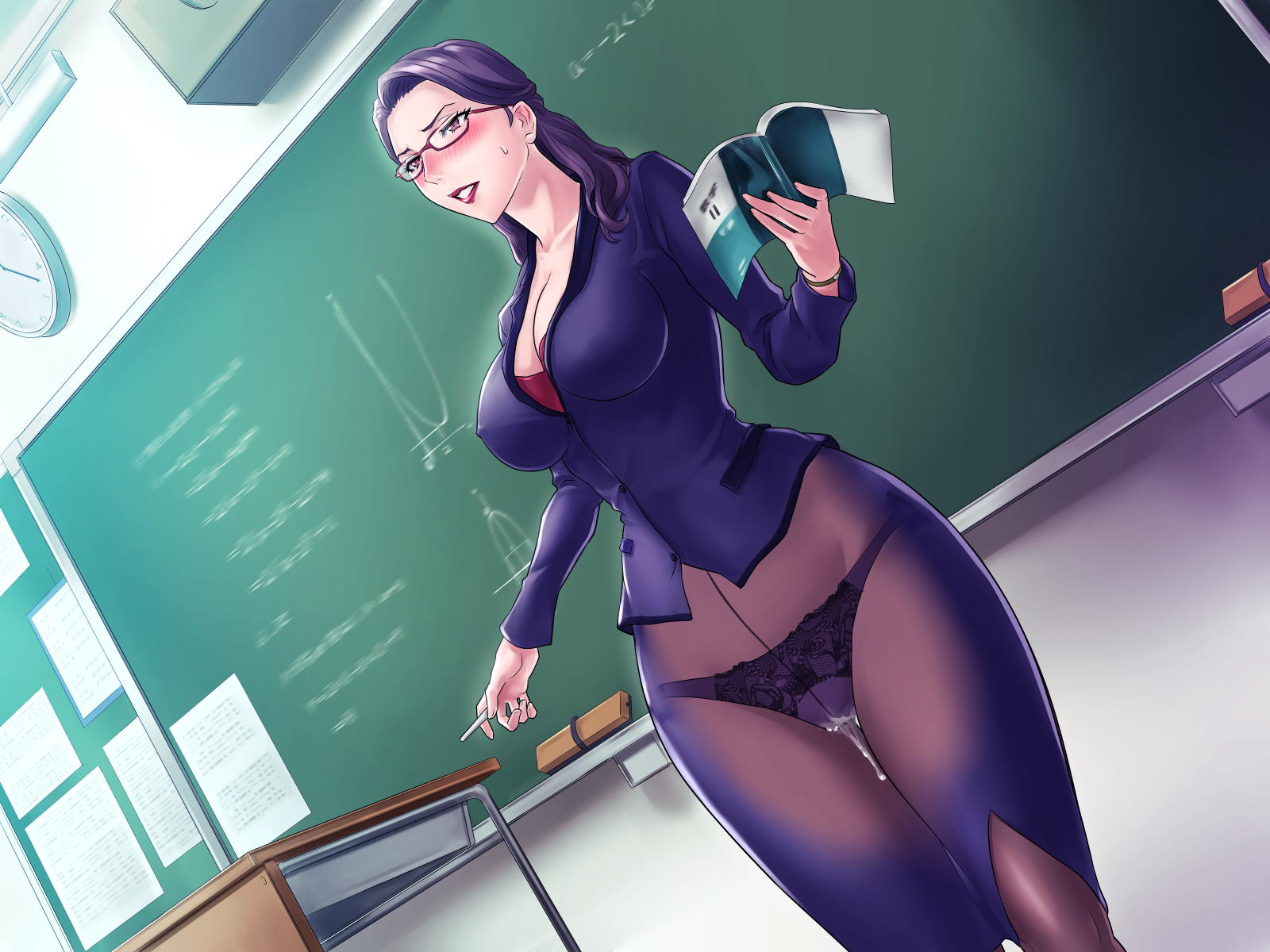 blush, breasts, chalkboard, erect nipples, female, glasses, nipples, panties, pantyhose, pussy, pussy juice, teacher, underwear