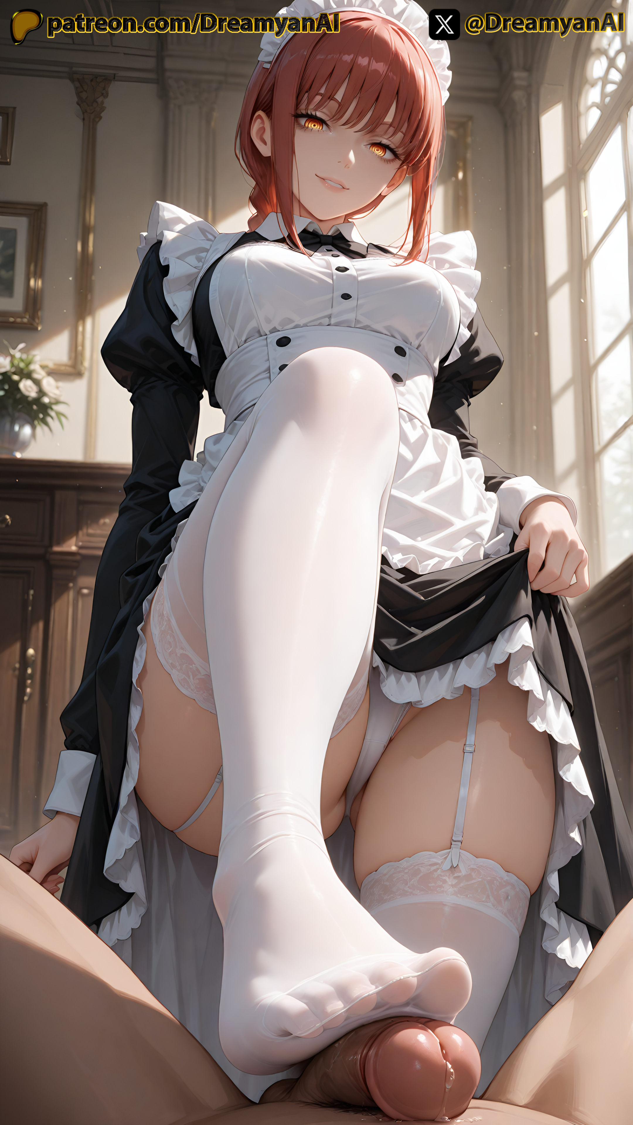 1girls, 2025, 4k, ai, ai assisted, ai generated, anime, anime style, artist name, ass, barefoot, breasts, chainsaw man, close up, close up footjob, close up view, close-up, close-up footjob, closeup, closeup footjob, closeup view, dreamyan ai, feet, female, foot fetish, footjob, hi res, high quality, high resolution, highres, maid, maid apron, maid headdress, maid outfit, maid uniform, makima (chainsaw man), orange eyes, patreon, red hair, ringed eyes, seductive, seductive eyes, seductive look, seductive pose, seductive smile, short hair, smile, smiling, stockings, thick ass, thick thighs, thighhighs, thighs, toes, uncensored, white legwear, white stockings, white thighhighs