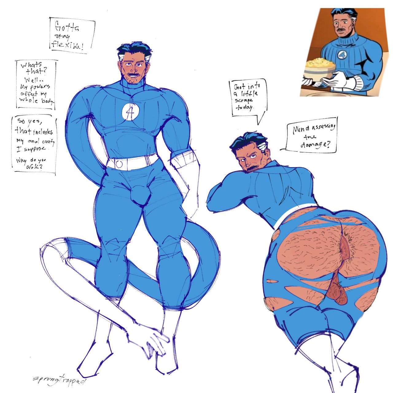 1boy, anus, ass, balls, balls out, big ass, big ass (male), big butt, bulge, dilf, elastic, elastic arms, elastic body, elasticity, fantastic four, fantastic four: first steps, flirting, flirting with viewer, gay, hairy ass, hairy butt, male, male only, marvel, marvel comics, marvel rivals, mature, mature male, mr fantastic, mr fantastic (first steps), presenting, presenting anus, presenting hindquarters, presenting to viewer, reed richards, ripped clothing, ripped costume, slim waist, snatched waist, solo, solo male, sprungtrapped, teasing, two-tone hair, wide shoulders, yaoi