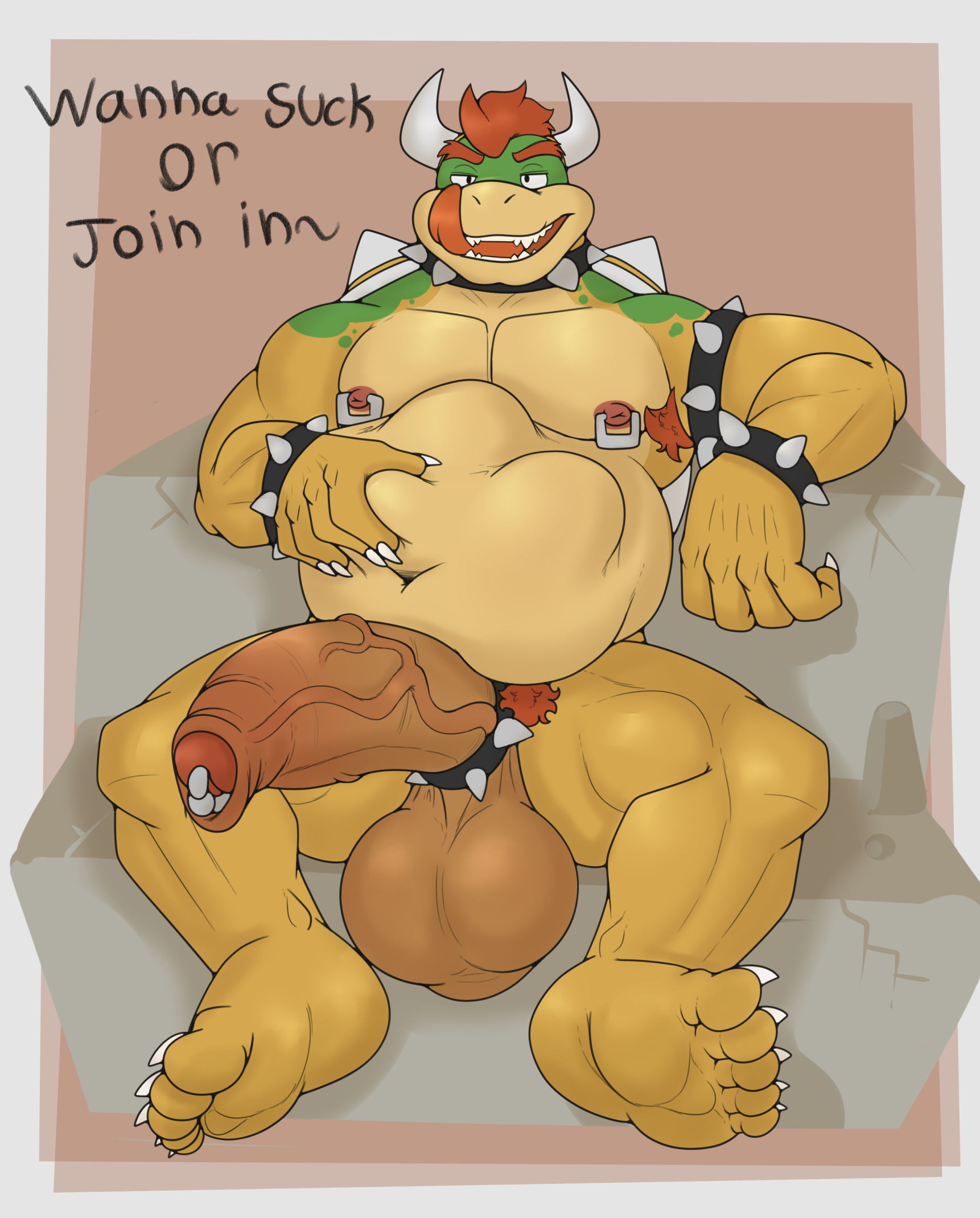1boy, anthro, armpit hair, balls, belly, big balls, big belly, big penis, bowser, claws, cock ring, collar, cum, cumdrip, daddy, dialogue, dilf, enormous balls, enormous penis, erection, foreskin, furry, furry male, furry only, genitals, gigantic balls, grabbing penis, horns, huge balls, huge cock, koopa, large balls, large penis, looking at viewer, male, male nipples, male only, mario (series), massive balls, massive penis, mature, mature male, nintendo, nipple piercing, nipples, open mouth, penis, piercing, prey outline, pubic hair, red hair, reptile, rokie38, same size vore, scalie, sitting, spiked collar, testicles, thick penis, tongue, tongue out, uncircumcised, vein, veiny penis, vore, vore belly