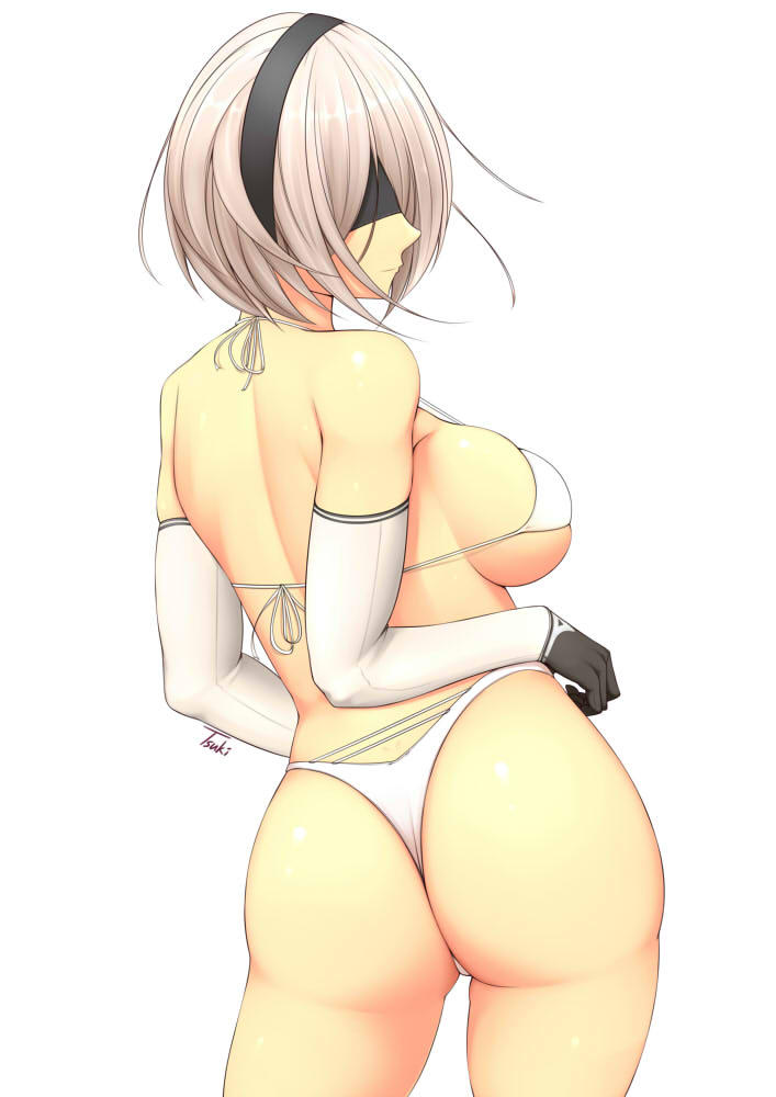 ass, back view, bikini, elbow gloves, female, nier, nier: automata, solo, thong, tsuki riven, yorha 2b