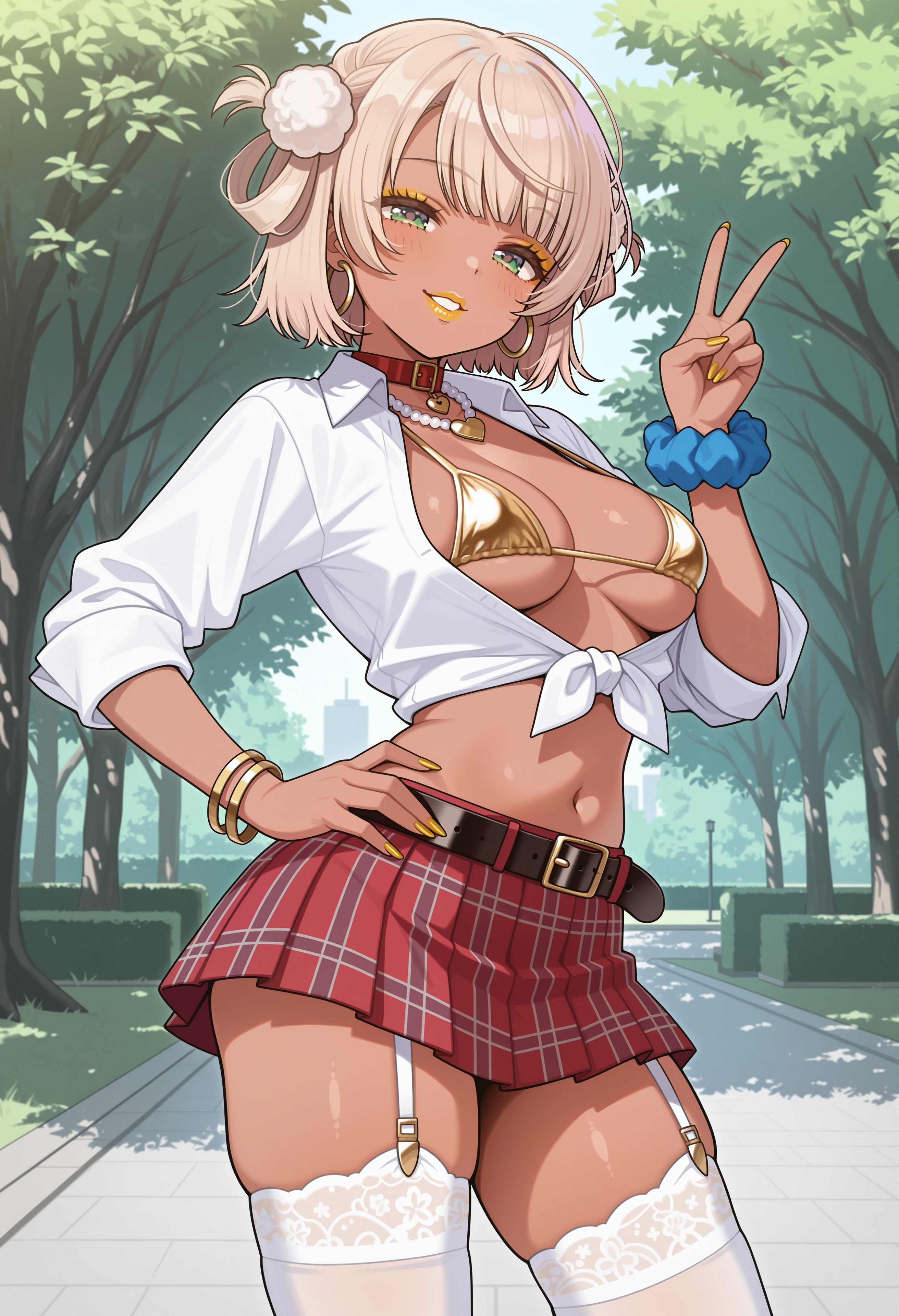 1girls, ai generated, big breasts, breasts, civitai, day, female, garter straps, gold bikini, gold bikini top, golden bikini, gyaru, indie virtual youtuber, looking at viewer, outdoors, outside, park, peace sign, shigure ui (vtuber), skirt, solo, stockings, tan, tan body, tan skin, tan-skinned female, v, v sign, virtual youtuber, white stockings, zlia