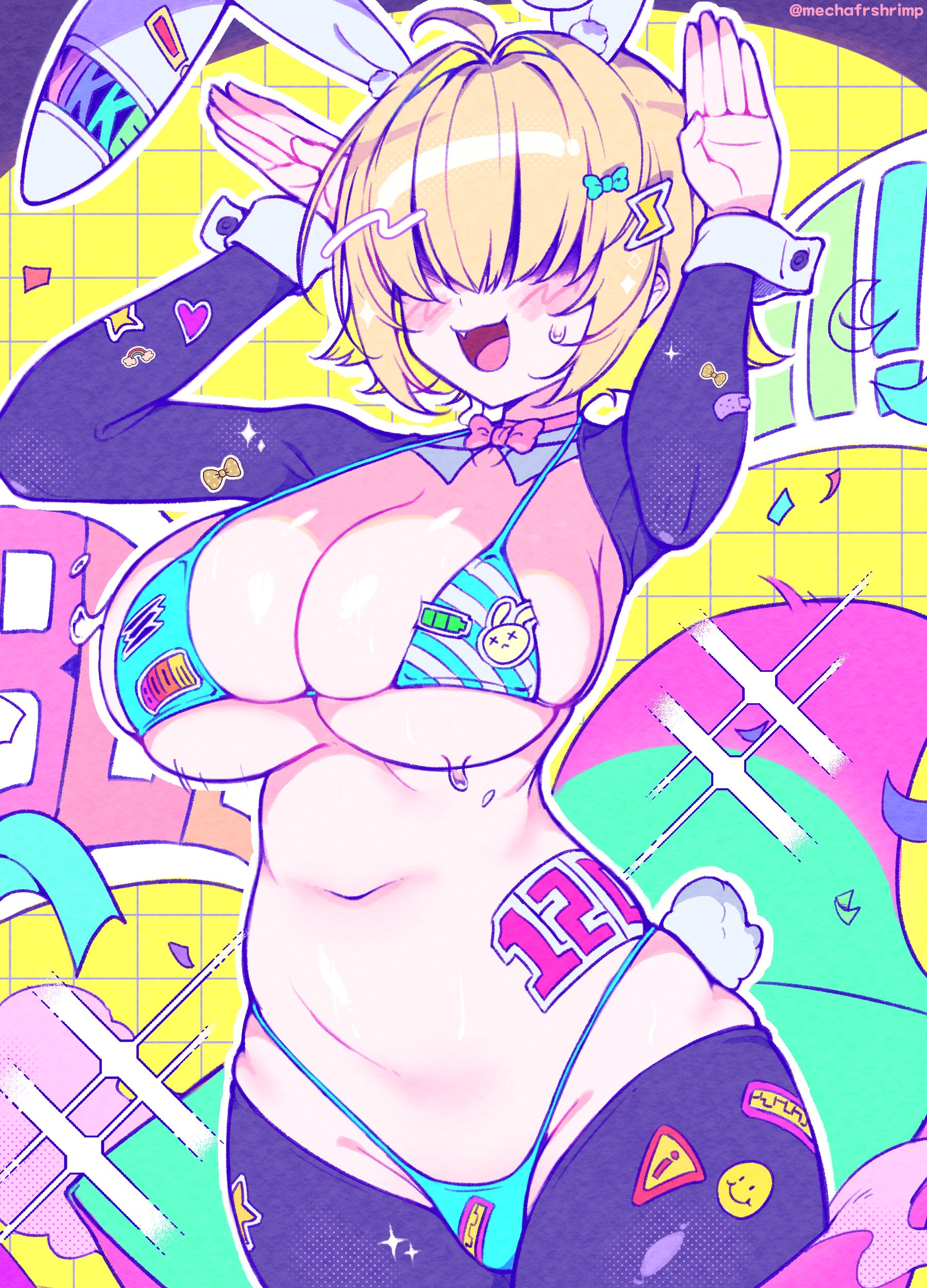:3, :d, bikini, blush, breasts, elegg (nikke), fang, female, goddess of victory: nikke, hair over eyes, huge breasts, meme attire, plump, rabbit pose, reverse bunnysuit, thick thighs, wide hips
