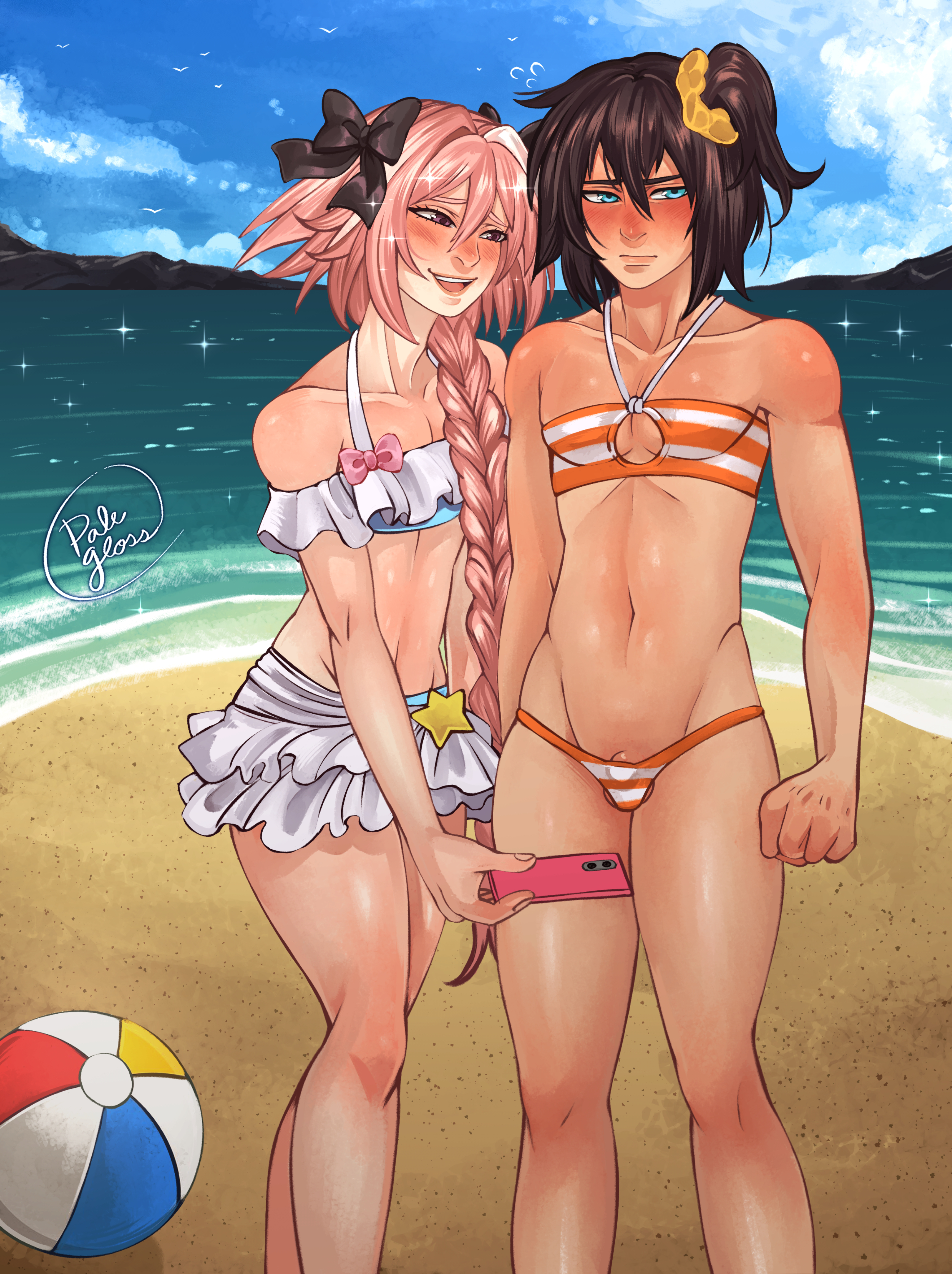 2boys, 2femboys, artist logo, astolfo (fate), beach, beach ball, belly button, bikini, black hair, blue eyes, blush, blushing male, braid, braided hair, breasts, bulge, bulge under clothes, bulge under clothing, clenched hand, clothed, clothed male, cloud, clouds, commission, commission art, commissioner upload, cosplay, crossdressing, crossdressing male, embarrassed, embarrassed male, fate (series), fate/grand order, female, femboy, feminized male, frilled bikini, fujimaru ritsuka (female), fujimaru ritsuka (female) (brilliant summer), fujimaru ritsuka (male), gay, gay male, gudao, hair ribbon, long hair, male, male only, navel, non-nude, palegloss, penis, penis peek, penis poking out, pink eyes, pink hair, sand, scrunchie, selfie, short hair, small breasts, small penis, smartphone, smile, smiling, smiling at partner, swimsuit, taking picture, taking selfie, yaoi