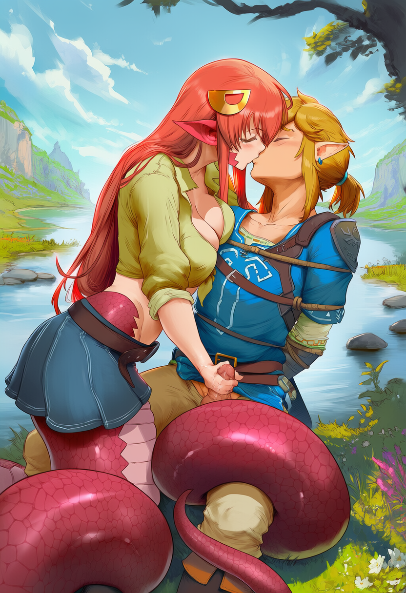 1boy, 1girls, ai generated, bondage, crossover, day, female, femdom, handjob, kissing, lake, lamia, link, link (breath of the wild), lucakp, male, malesub, miia (monster musume), monster girl, monster musume no iru nichijou, mythology, naga, tail, the legend of zelda