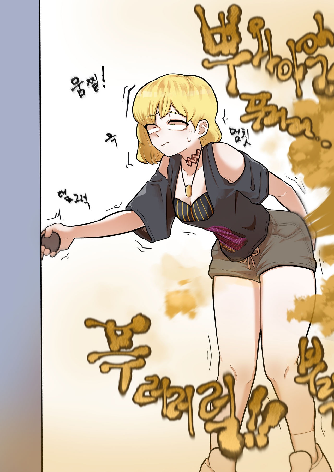 ass, blonde hair, charlotte (shironeko project), fart, fart cloud, fart fetish, farting, female, gasbox, hand on ass, hand on butt, need to poop, shironeko project, sweating, trembling
