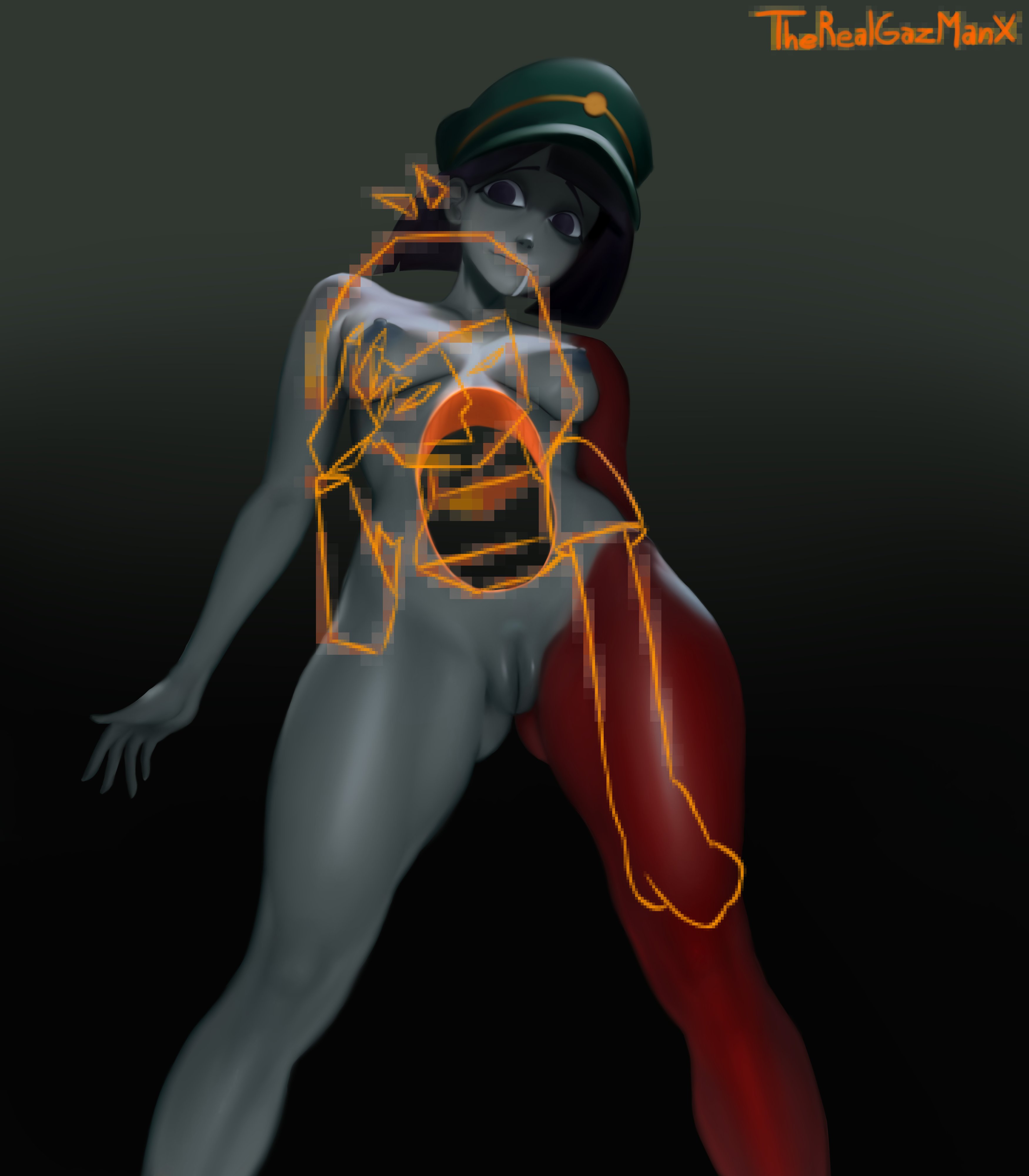 abstract, abstract art, abstract character, absurd res, absurd resolution, absurdres, black hair, ena, ena (dream bbq), ena (series), exhausted, female, glitchy, grey skin, hairless pussy, hat, high quality, high resolution, highres, hole in chest, military cap, military hat, multicolored body, multicolored skin, naked, naked female, nipples, peruvian female, pussy, red skin, therealgazmanx, tired expression, tits, two-tone body, two-tone skin