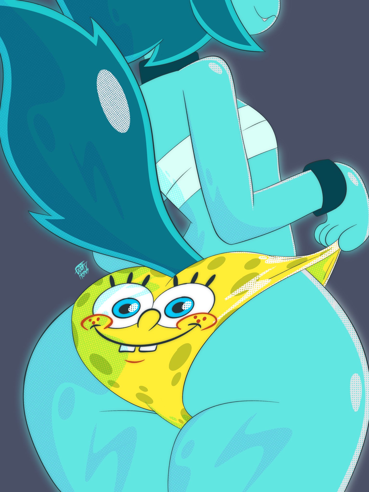 ass, bandage bra, blue skin, bubble ass, bubble butt, goofy horns, goommy (goommymuffin), goommymuffin, panties, spongebob reference, spongebob squarepants, spongebob squarepants (character), spongebob underwear, tagme, twitter username