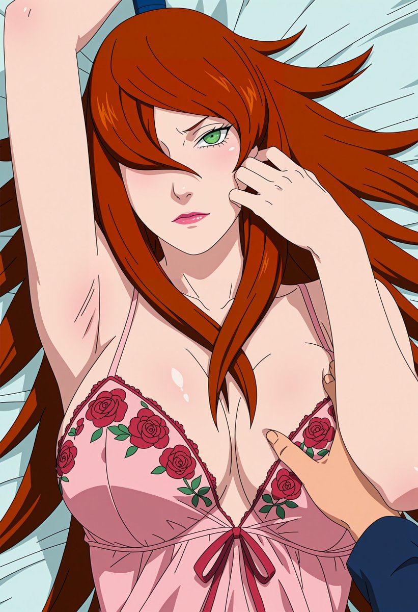 1boy, 1girls, ai generated, alternate costume, arm support, babydoll, bare shoulders, before sex, big breasts, blush, bra, breast hold, breasts, brown hair, chemise, cleavage, closed mouth, collarbone, embarrassed, faceless male, female, green eyes, groping, groping breasts, hand on breast, holding breast, huge breasts, imminent sex, jewelry, lingerie, lipstick, long hair, long sleeve shirt, long sleeves, makeup, male, mature, mature female, mei terumi, midriff, moewaifu974, naruto, naruto (series), naruto shippuden, no bra, oppai, presenting, presenting breasts, revealing clothes, seductive, seductive eyes, seductive look, skimpy, skimpy clothes, sleepwear, solo, solo focus, terumi mei, thick thighs, top heavy, top heavy breasts, underwear, unseen male face, very long hair, voluptuous, voluptuous female