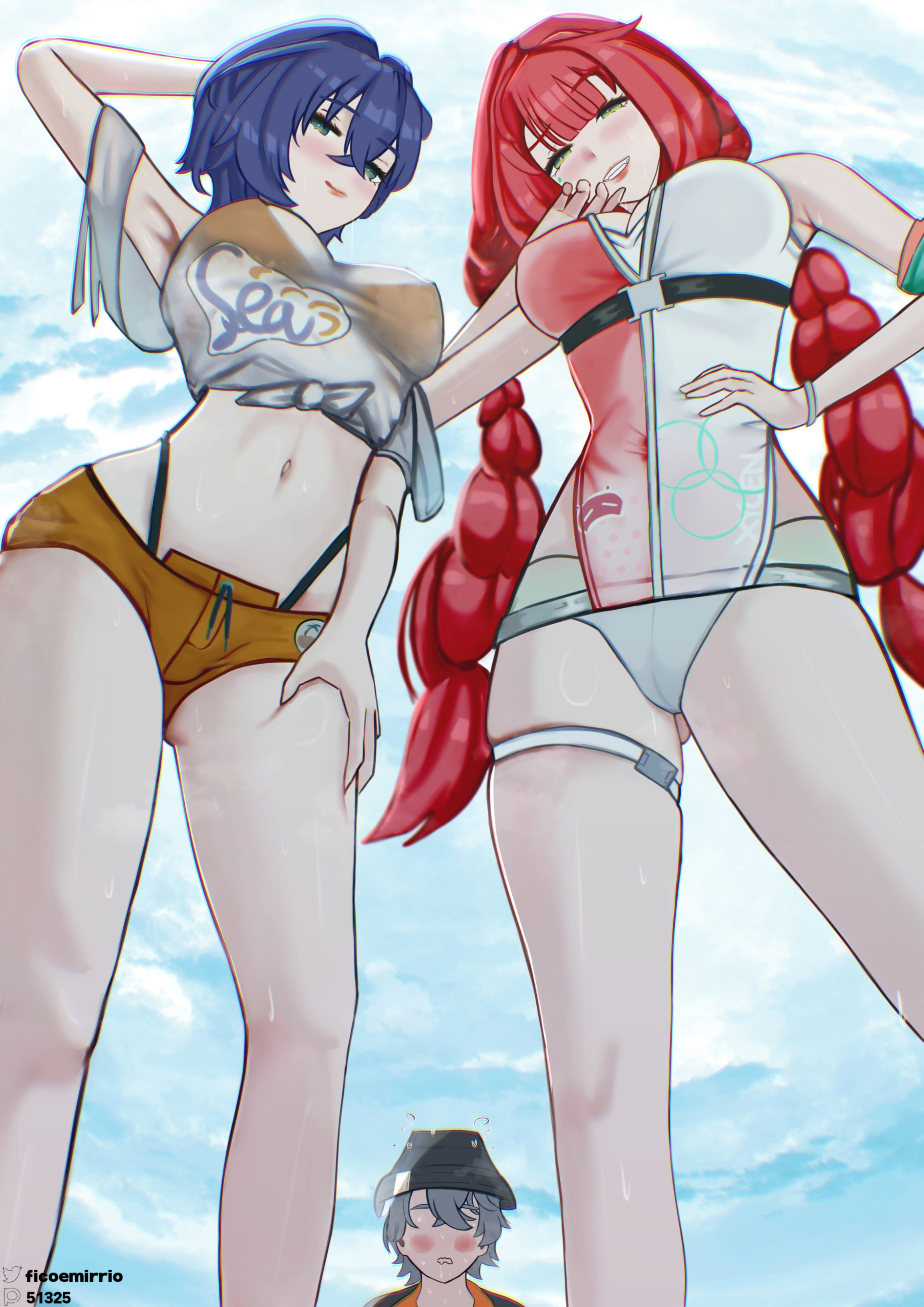 1boy, 2girls, absurd res, armpits, artist request, belle (summer skies) (zenless zone zero), belle (zenless zone zero), blue hair, blush, brother and sister, bucket hat, eyeless male, female, green eyes, highres, legs, male, nipples, official alternate costume, panties, red hair, see-through, see-through clothing, sexy, short hair, shorts, swimsuit, swimwear, taboo, thigh strap, thighs, tight clothing, tummy, ukinami yuzuha, ukinami yuzuha (tanuki in broad daylight), waist grab, wise (peaceful waves) (zenless zone zero), wise (zenless zone zero), zenless zone zero