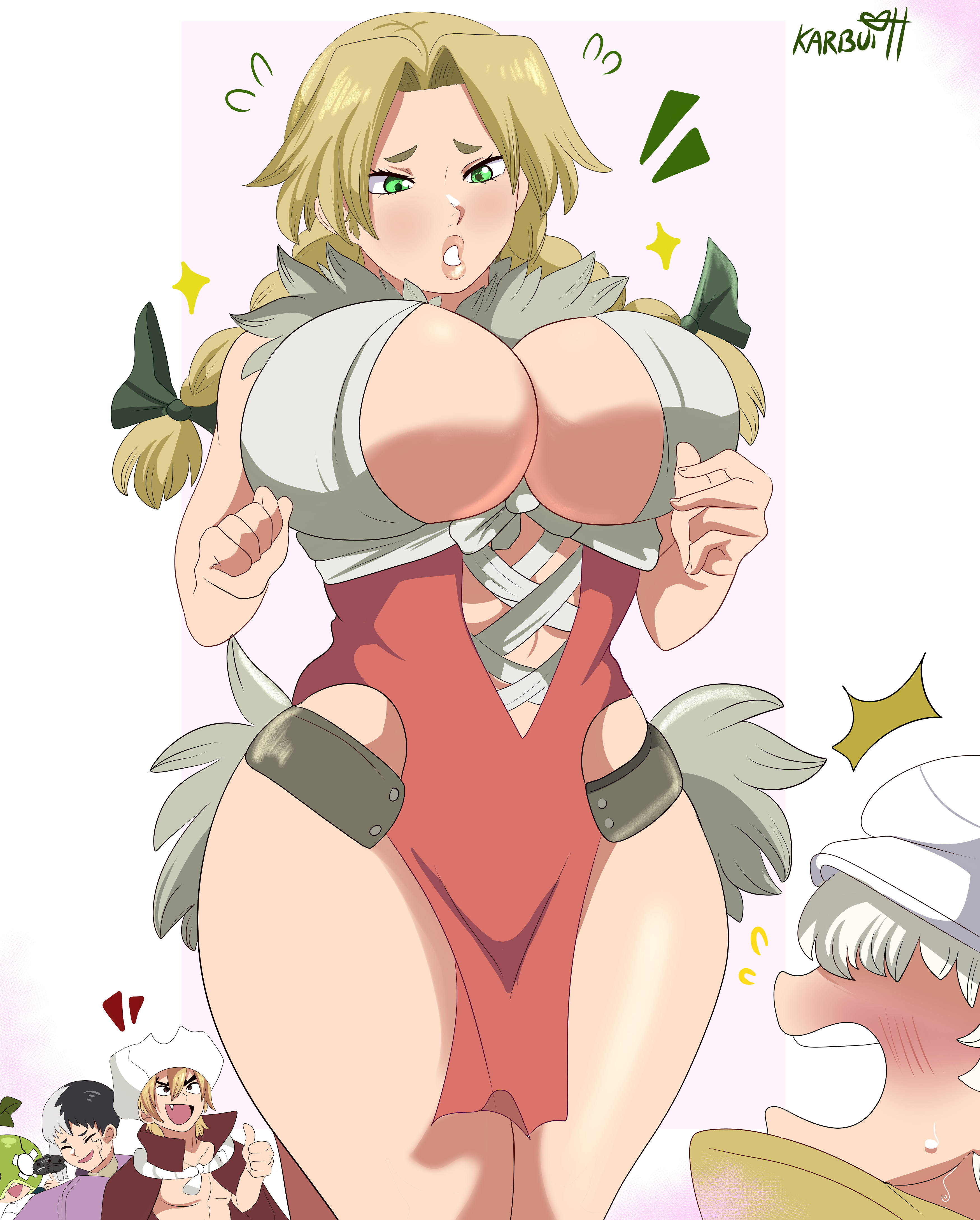 2girls, 3boys, absurdres, asagiri gen, black hair, blonde hair, blush, braid, breasts, cleavage, dr. stone, dr.stone, female, green eyes, hanada nikki, hat, highres, karbuitt, large breasts, male, multicolored hair, multiple boys, multiple females, multiple girls, multiple males, nanami ryusui, profile, saionji ukyo, short hair, signature, solo focus, suika (dr.stone), thick thighs, thighs, twin braids, two-tone hair, white hair, white hat