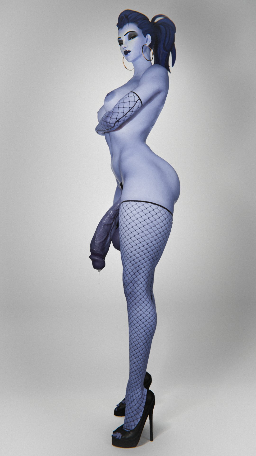 1futa, 3d, balls, blizzard entertainment, bonez3dp, futanari, high heels, hoop earrings, intersex, nyl widowmaker, overwatch, overwatch 2, penis, solo, widowmaker