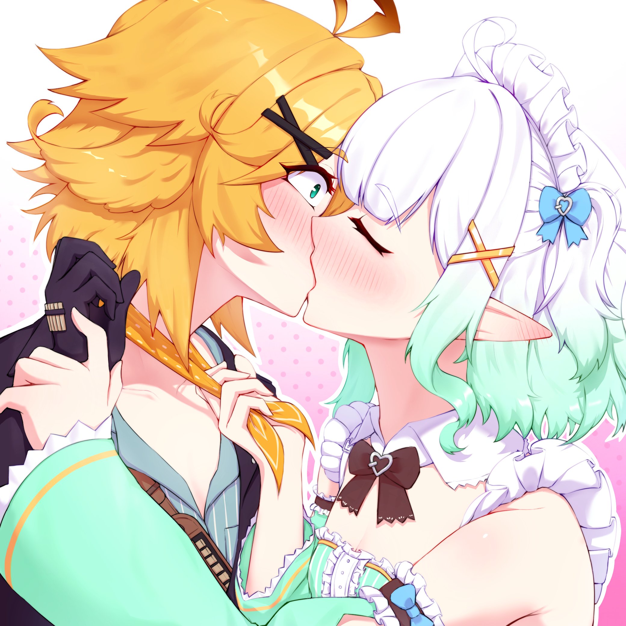 2girls, ahoge, aqua dress, aqua eyes, aqua sleeves, black bow, black bowtie, black gloves, black jacket, blonde hair, blue shirt, blush, bow, bowtie, center frills, cgator, closed eyes, clothes grab, collared shirt, commentary, constricted pupils, densetsu.exe, detached collar, detached sleeves, dokibird, dokibird (bounty hunter), dress, ear blush, frills, gloves, gradient hair, green hair, hair ornament, highres, indie virtual youtuber, jacket, kissing, lesbian, lesbian kiss, looking at another, maid headdress, mint fantome, mint fantome (minto 2.0), multicolored hair, multiple girls, neckerchief, neckerchief grab, pointy ears, shirt, short hair, sleeveless, sleeveless dress, surprise kiss, surprised, virtual youtuber, white hair, wide-eyed, x hair ornament, yellow neckerchief, yuri