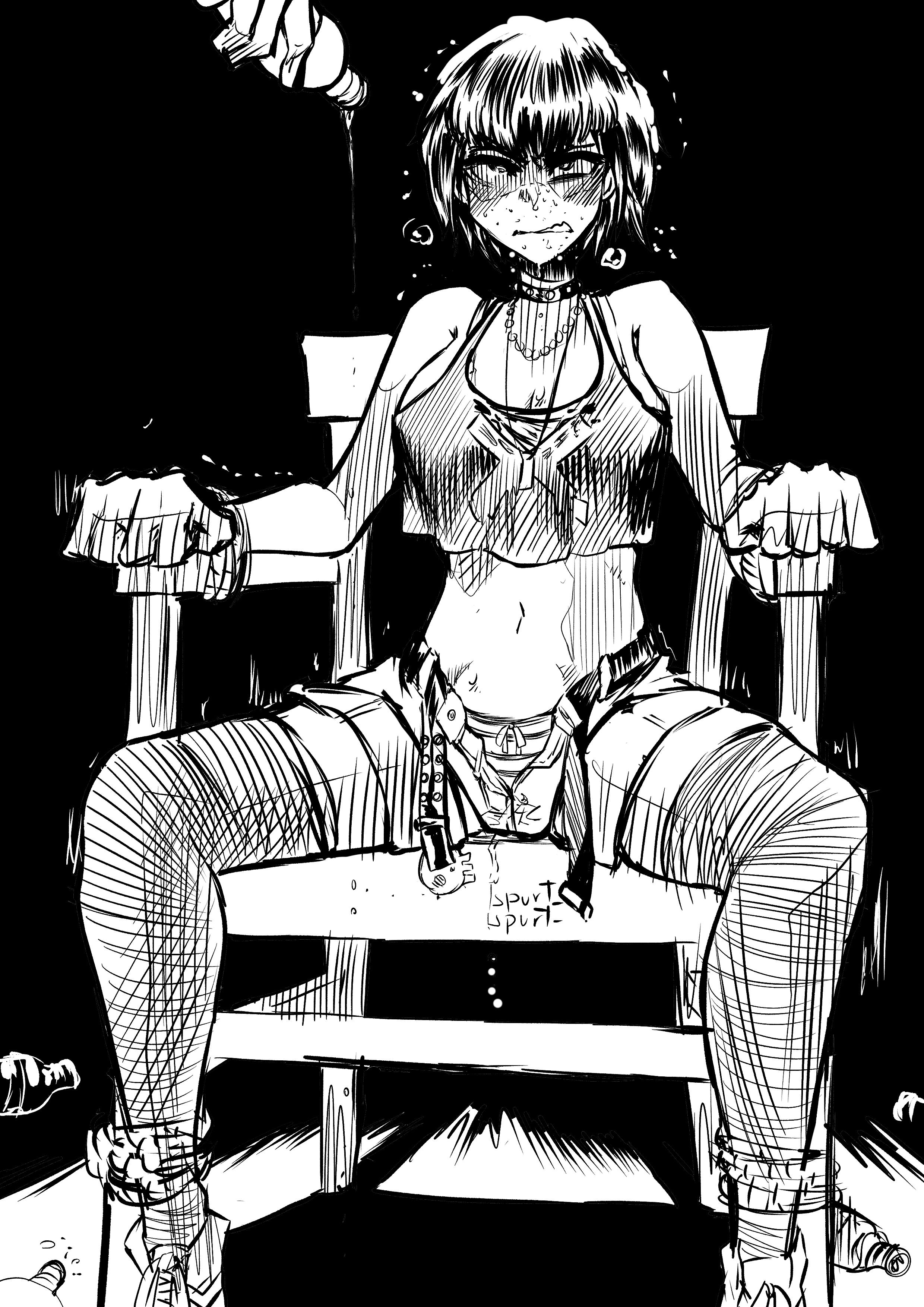 1girls, biku, bondage, bow, bow panties, clenched teeth, female, greyscale, have to pee, necklace, open belt, open fly, original, short hair, shorts, striped panties, tears, thighhighs, zoe (biku)