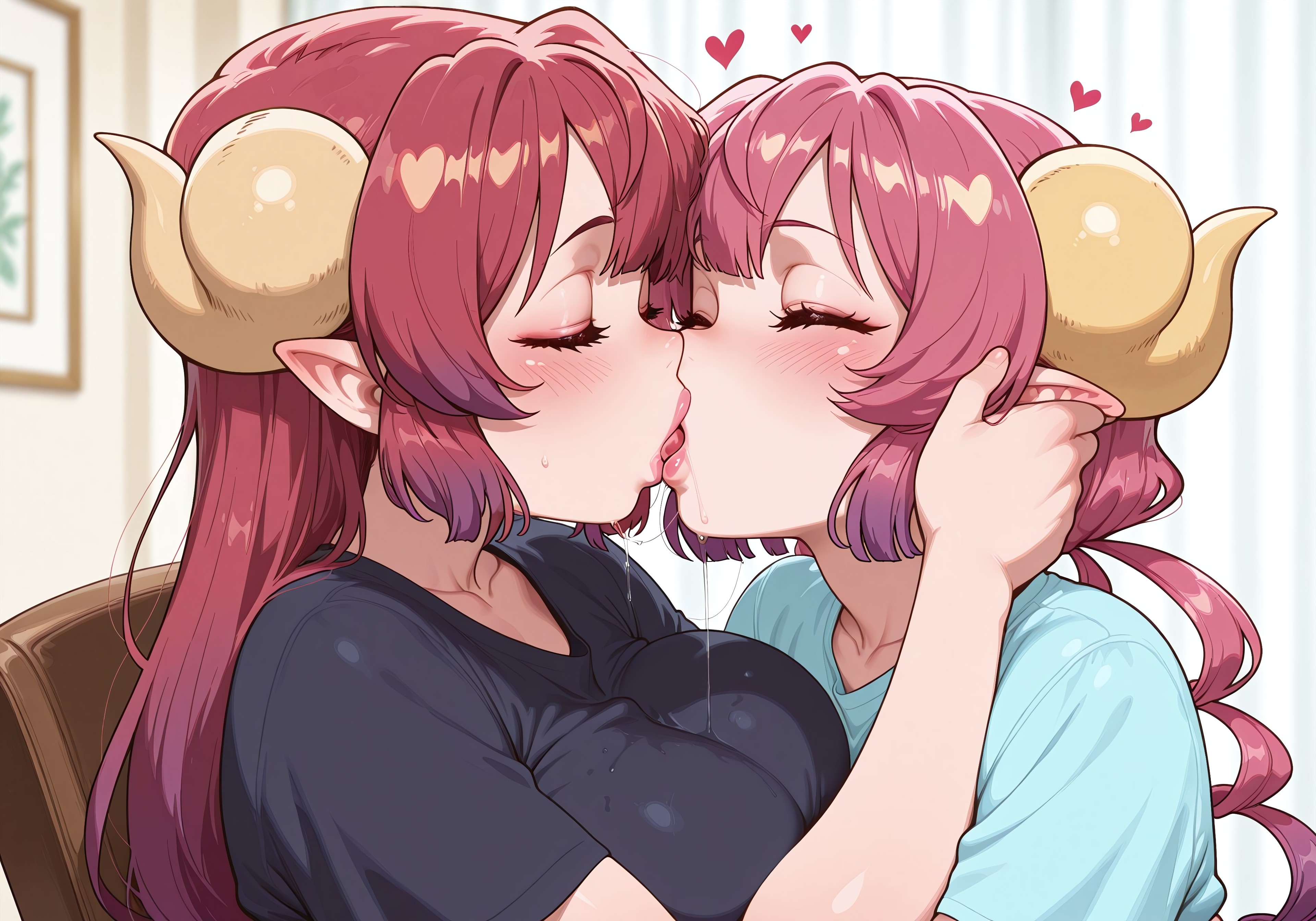 2girls, ai generated, big breasts, black shirt, blush, breasts, chair, drooling, elf ears, female, head pull, heart, horns, ilulu (dragon maid), incest, kissing, kobayashi-san chi no maidragon, long hair, mother and daughter, purple hair, saliva, sitting, yuri