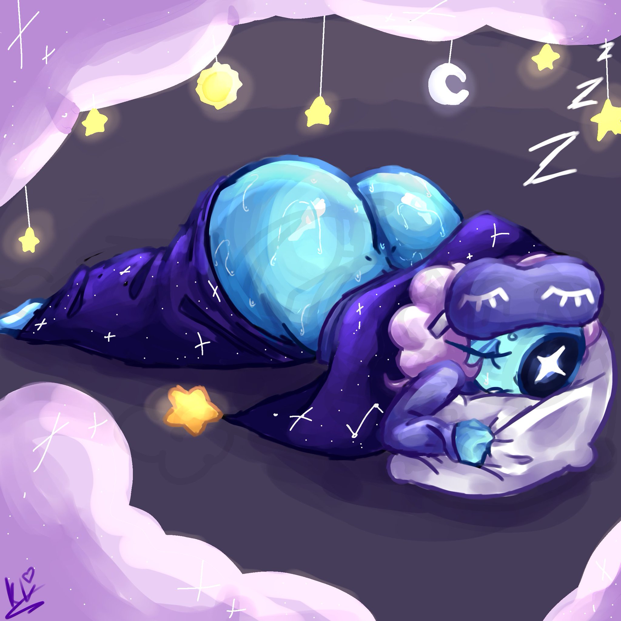 1femboy, ass, ass cleavage, ass focus, astro (dandy's world), blue body, closed eyes, dandy's world, dandys world, fat ass, femboy, hi res, high resolution, highres, huge ass, hyper ass, kirstylunchh, male, moon pendant, pajama pants, pajama shirt, pajamas, pants down, pink clouds, purple clothing, purple headwear, roblox, roblox game, sleeping, solo, solo focus, star pendant, sweat, watermark