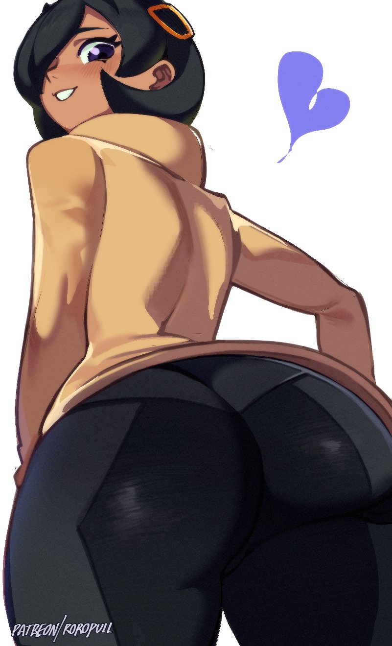 1girls, 2025, 2d, artist name, ass, ass focus, black hair, bodysuit, clothed, clothed female, emma (pokemon legends: z-a), emma (pokemon), female, female focus, female only, game freak, heart, heart symbol, jacket, looking back, matiere (pokemon legends: z-a), matiere (pokemon), nintendo, patreon url, pokemon, pokemon legends: z-a, purple eyes, roropull, tight bodysuit, tight clothing, video game character, video games, watermark