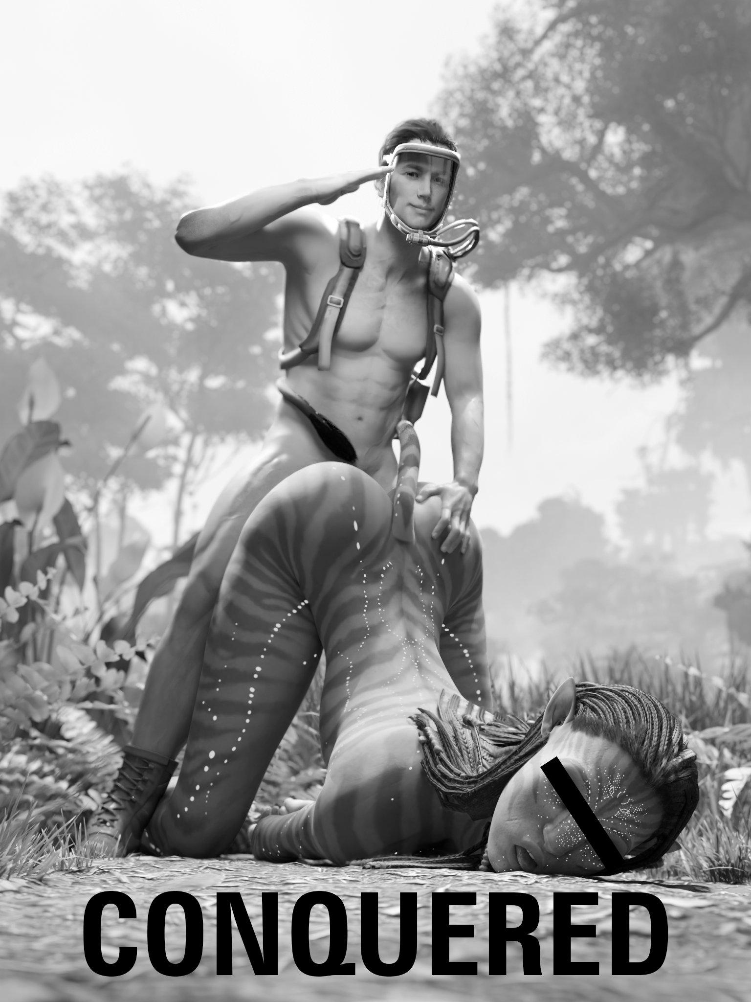 1boy, 1girls, 2025, 3d, alien, alien girl, alternate breast size, ass up, avatar, black and white, black bar censoring, boots, braid, breasts, censor bar, censored, censored eyes, conquered, day, doggy style, domination caption, english text, female, female penetrated, femsub, forest, gesture, hair, human, human is better, humaned, interspecies, light skin, light-skinned male, long hair, long tail, long-haired female, male, maledom, monochrome, na'vi, neytiri, open mouth, outside, partially clothed, penetration, quick e, salute, sex, soldier, tactical nudity, tagme, tail, tail wrap, teeth, text, top-down bottom-up