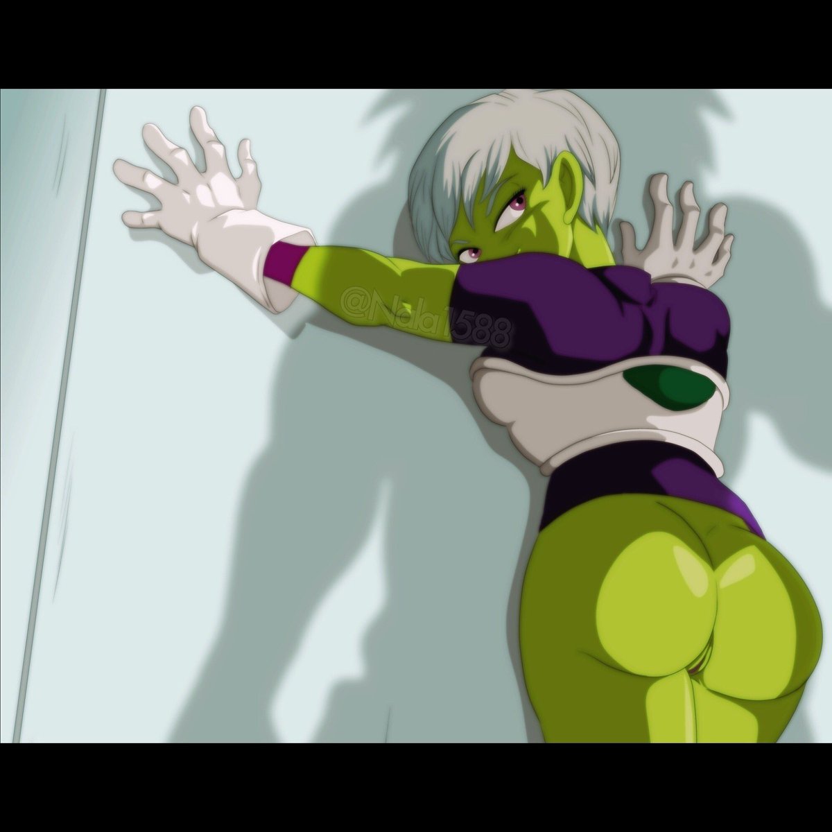 1girls, alien girl, ass, breasts, broly, broly (dragon ball super), cheelai, dragon ball, dragon ball super, female, gloves, green skin, humanoid, looking back, nala1588, purple eyes, pussy, shadow, short hair, size difference, wall, white hair