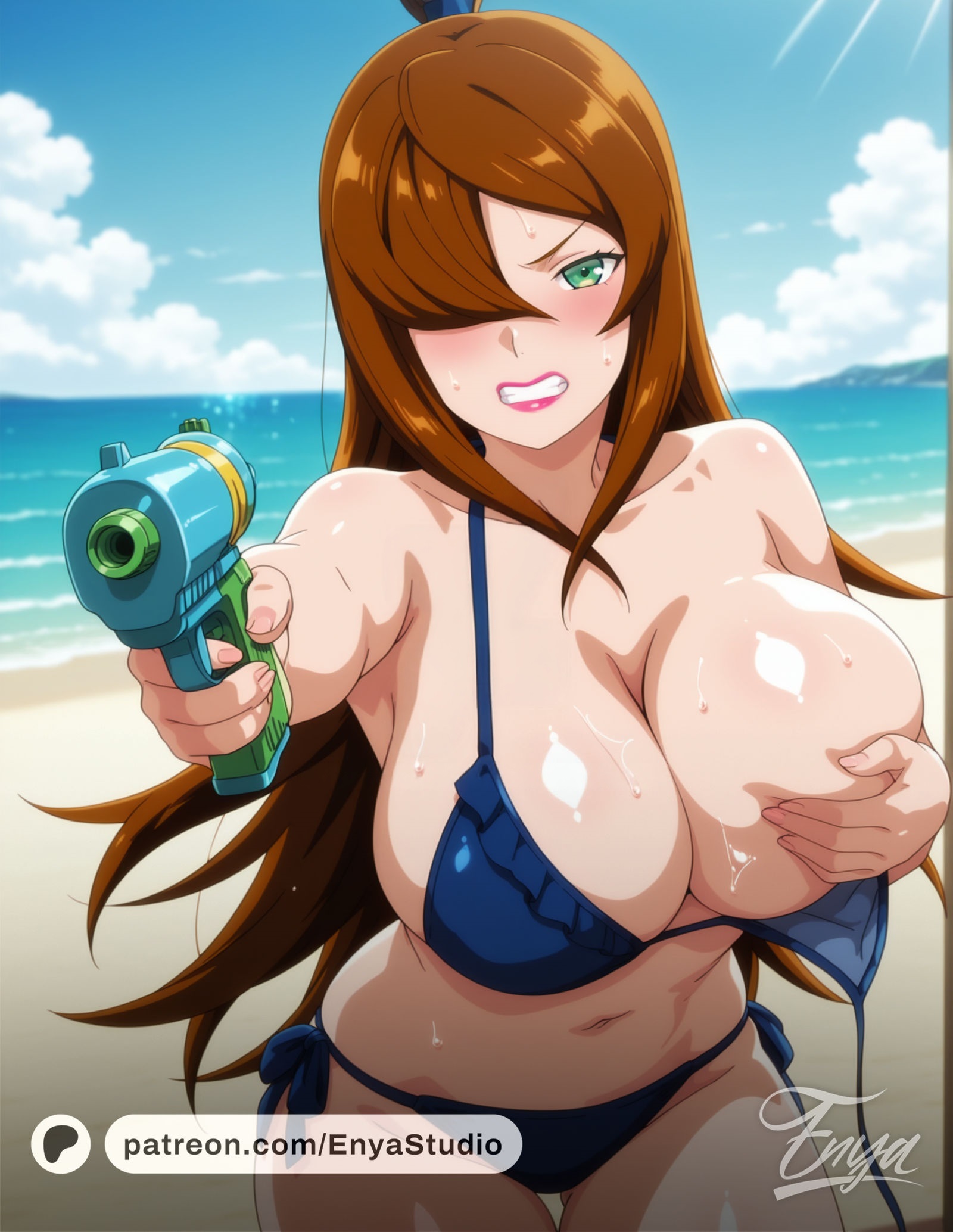 1girls, accidental circumstance, accidental exposure, ai generated, angry, angry face, annoyed, annoyed expression, arm behind head, ashamed, at gunpoint, beach, bent over, big breasts, bikini, bikini aside, bikini bottom, bikini malfunction, bikini top, breast focus, breasts, commentary, covering, covering breasts, covering self, embarrassed, enyaaai, female, female only, green eyes, gun, holding object, kneeling, lipstick, long hair, makeup, mature, mature female, mei terumi, midriff, naruto, naruto (series), naruto shippuden, ocean, one breast out, patreon username, pinup, pointing, pointing at viewer, revealing swimsuit, sand, seaside, shore, skimpy, skimpy bikini, solo, solo focus, standing, summer, swimsuit, teasing, teasing viewer, text, tied hair, top heavy, top heavy breasts, topknot, toy gun, untied, untied bikini, upper body, url, very long hair, voluptuous, wardrobe malfunction, water, watergun, watermark, web address