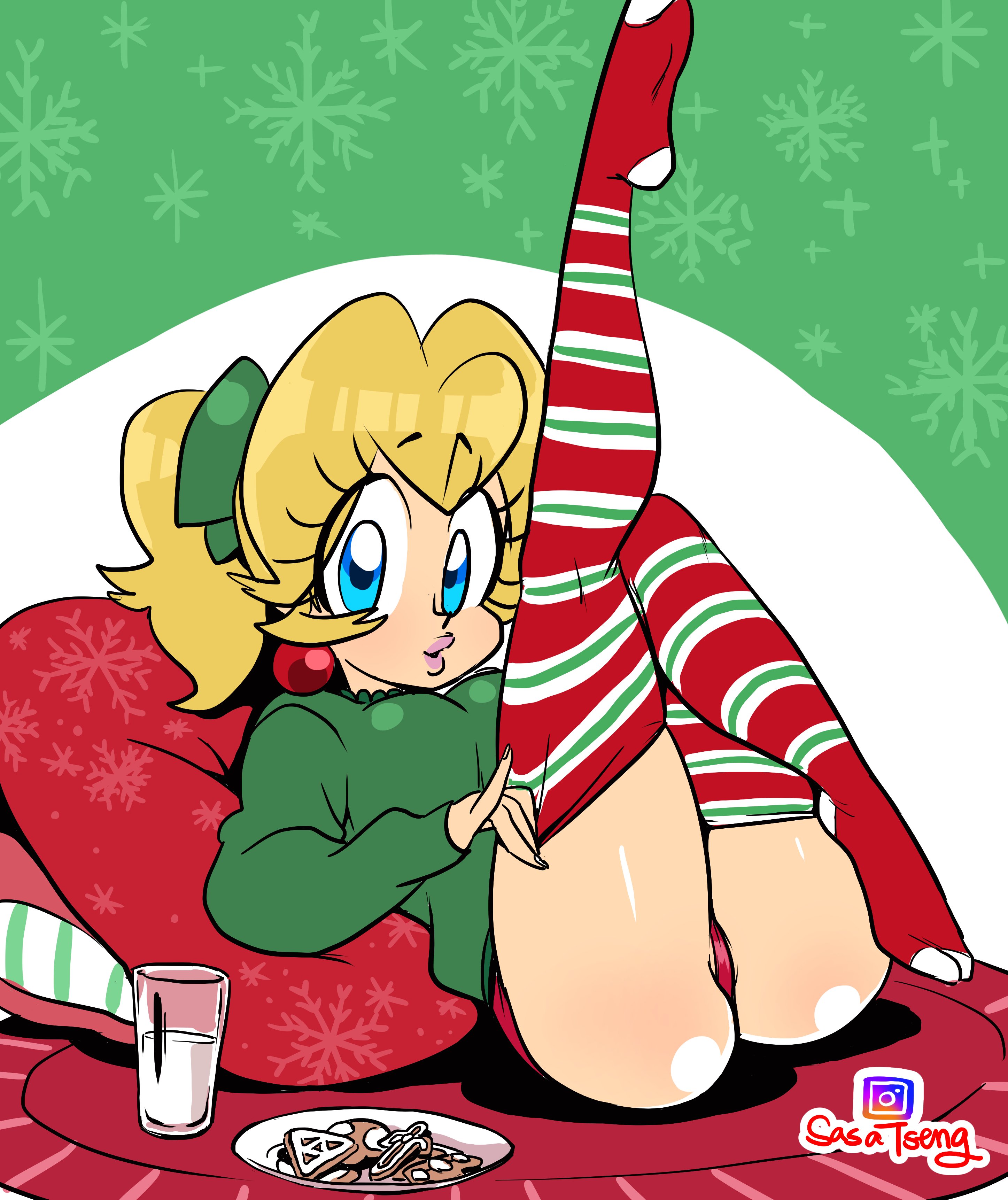 1girls, 2018, ass, blonde hair, blue eyes, breasts, christmas, clothing, drink, female, female only, food, full body, looking at viewer, mario (series), nintendo, panties, ponytail, princess peach, red panties, sasatseng, solo, stockings, thighhighs, tied hair, underwear