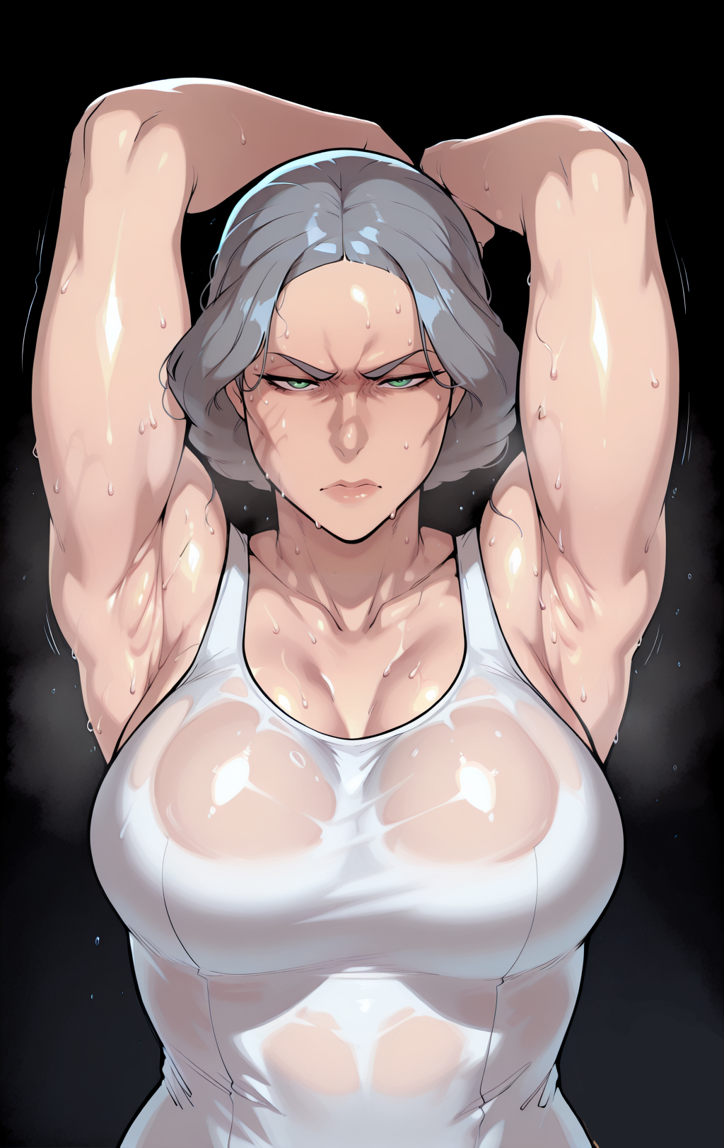 ai generated, armpits, armpits fetish, arms up, avatar legends, big breasts, breasts, cleavage, female, gilf, green eyes, grey hair, hands behind head, lin bei fong, looking at viewer, mature, mature female, mayyreel, milf, muscular, muscular female, scar, serious, serious look, sfw, shaved, shaved armpits, smell, sweat, sweaty, the legend of korra, wallpaper