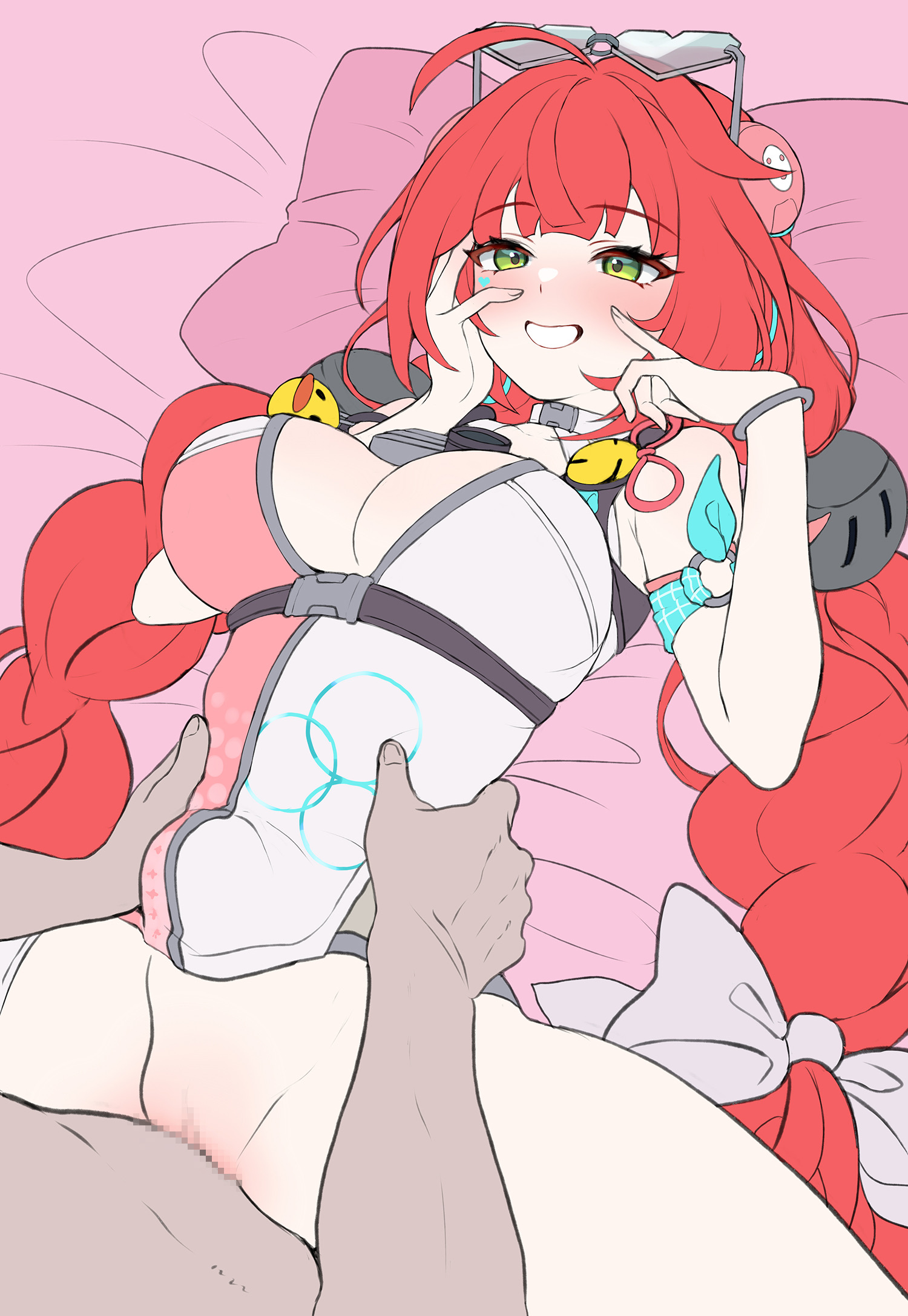 1boy, 1girls, alternate version available, bed, big breasts, big penis, blush, breasts, censored, daram (shappydude), dick, dick in pussy, female, glasses, green eyes, heart glasses, heart-shaped glasses, highres, holding waist, hoyoverse, in bed, male, mihoyo, missionary position, missionary sex, mosaic censoring, official alternate costume, penis, pov, pussy, red eyes, red hair, sex, swimsuit, swimwear, tight clothing, twin braids, twintails, ukinami yuzuha, ukinami yuzuha (tanuki in broad daylight), unfinished, vaginal penetration, waist, wip, work in progress, zenless zone zero