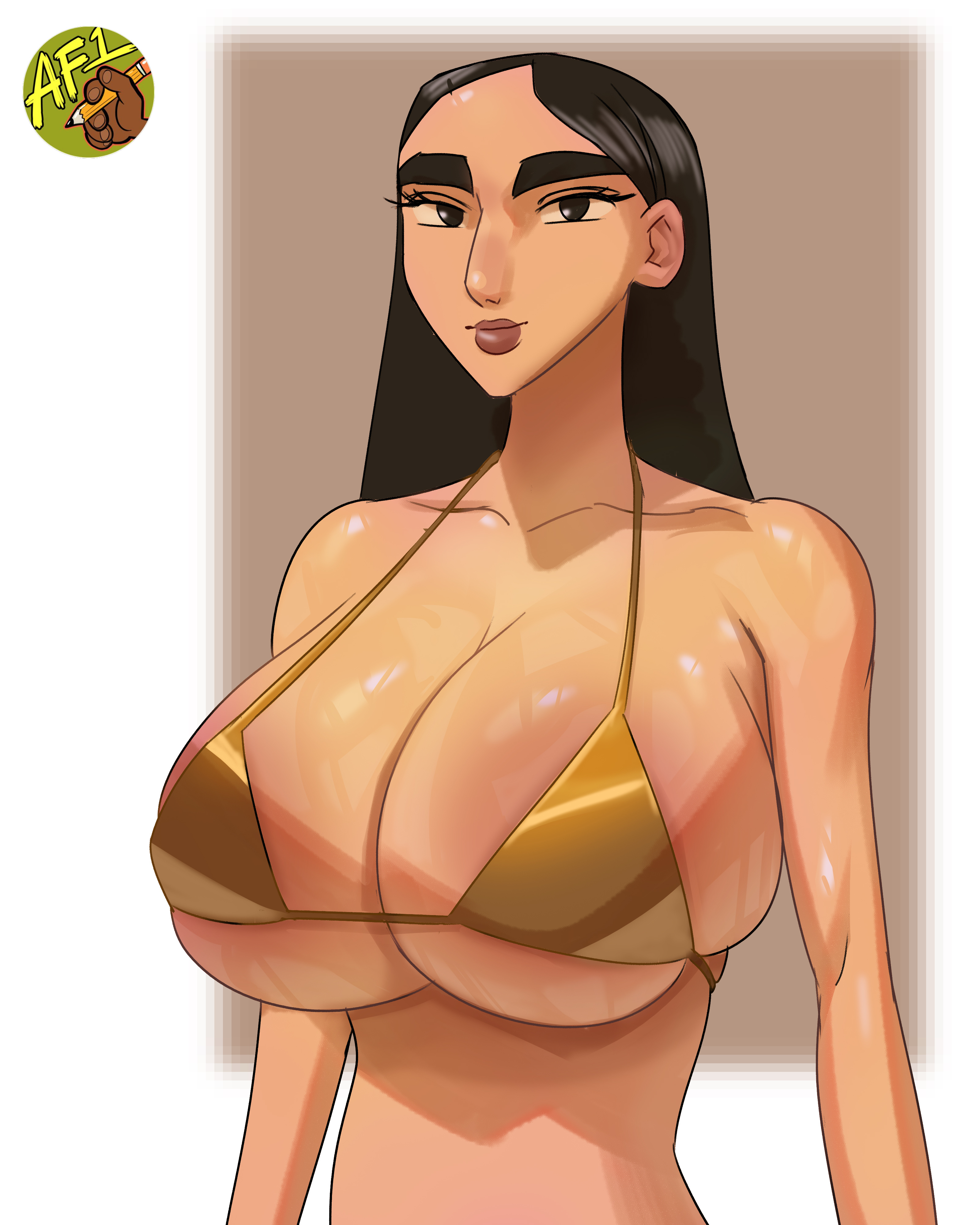 1girls, artfoo 1, big breasts, bikini, black hair, breasts, enormous breasts, farrah (artfoo 1), female, gold bikini, golden bikini, huge breasts, light skin, light-skinned female, long hair, massive breasts, original, original character, voluptuous, voluptuous female