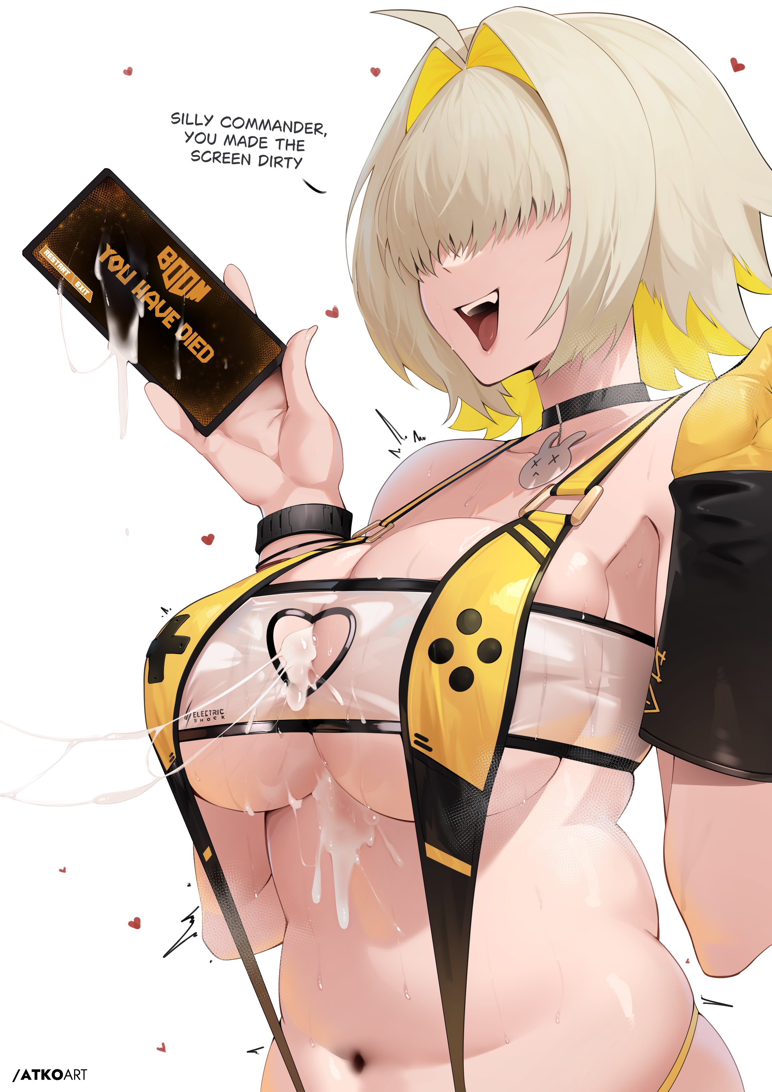 1girls, after paizuri, bangs over eyes, blonde hair, breasts, choker, clothing cutout, cum, cum between breasts, cum bridge, cutout, elegg (boom and shock) (nikke), elegg (nikke), female, female only, goddess of victory: nikke, hair intakes, hair over eyes, heart cutout, holding object, large breasts, light skin, light-skinned female, open mouth, solo, the atko, two-tone hair, white background