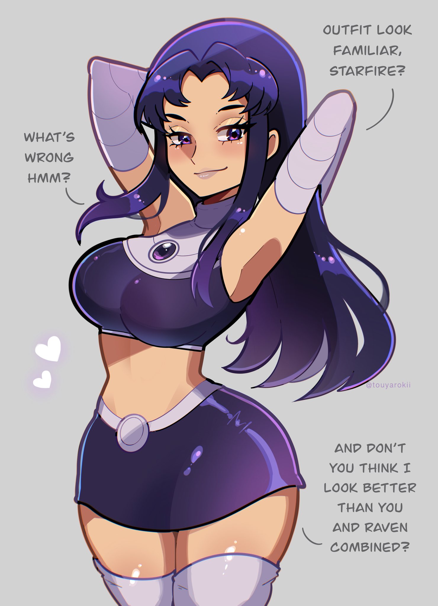 blackfire, english text, female, female only, fully clothed, miniskirt, purple eyes, purple hair, purple skirt, purple topwear, shiny clothes, short skirt, skirt, teen titans, text, thighhighs, thin waist, touyarokii, wide hips