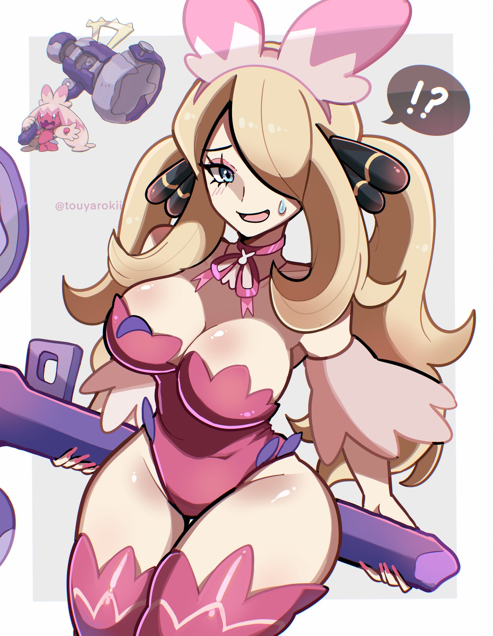 1girls, big breasts, blonde hair, blue eyes, breasts, cleavage, clothed, cosplay, cynthia (pokemon), female, game freak, nail polish, nintendo, one-piece, pink nails, pokemon, pokemon (cosplay), pokemon dppt, pokemon sv, thick thighs, thighhighs, thin waist, tinkaton (cosplay), touyarokii, twintails, wide hips