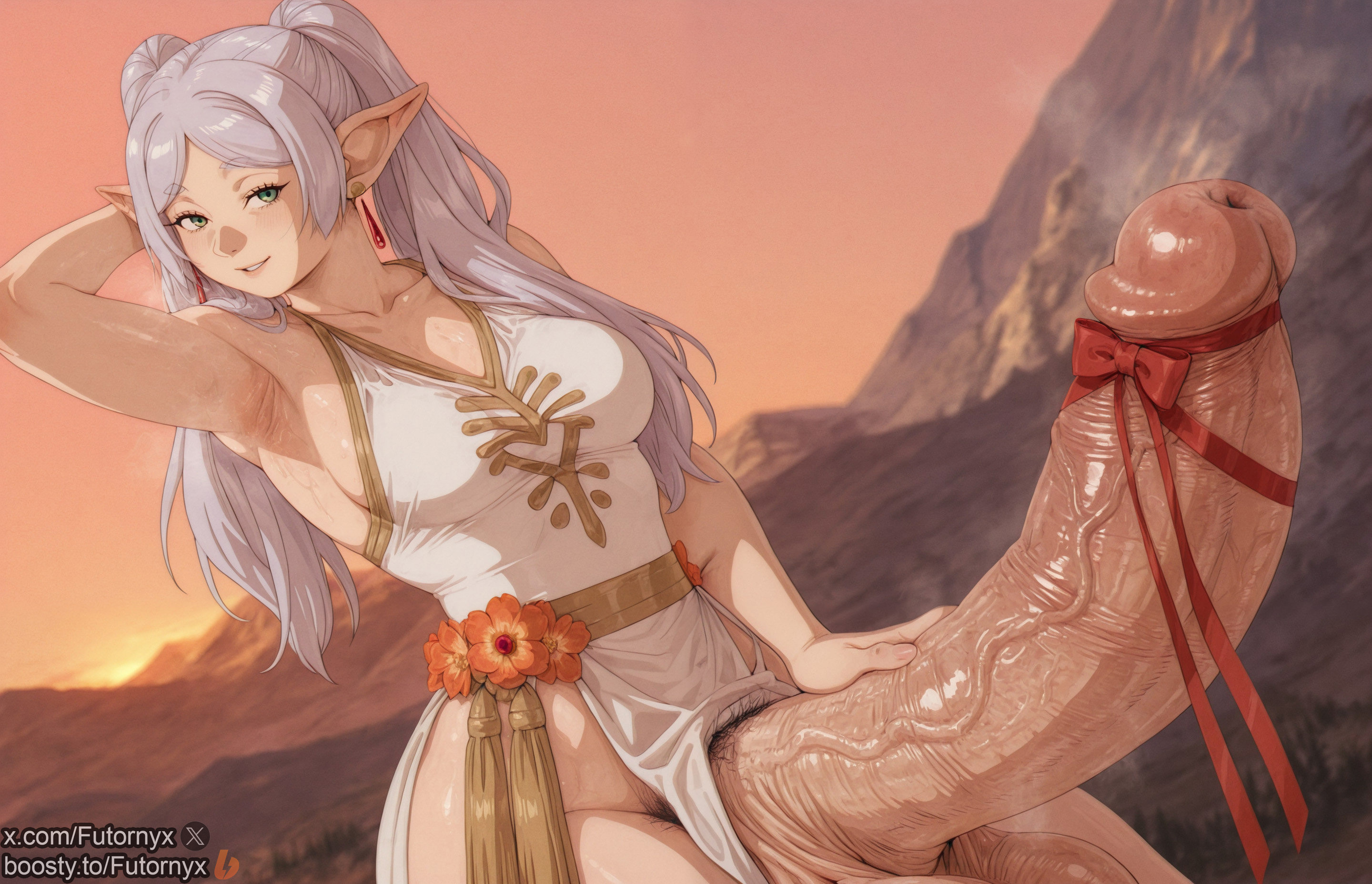 1futa, abs, ai generated, armpits, balls, covered abs, dickgirl, elf, elf ears, elf futa, frieren, frieren beyond journey's end, futanari, futornyx, gigantic penis, huge balls, huge cock, intersex, large testicles, musk, penis, pointy ears, ribbon, solo, sousou no frieren, testicles, thick thighs, veiny penis, wide hips