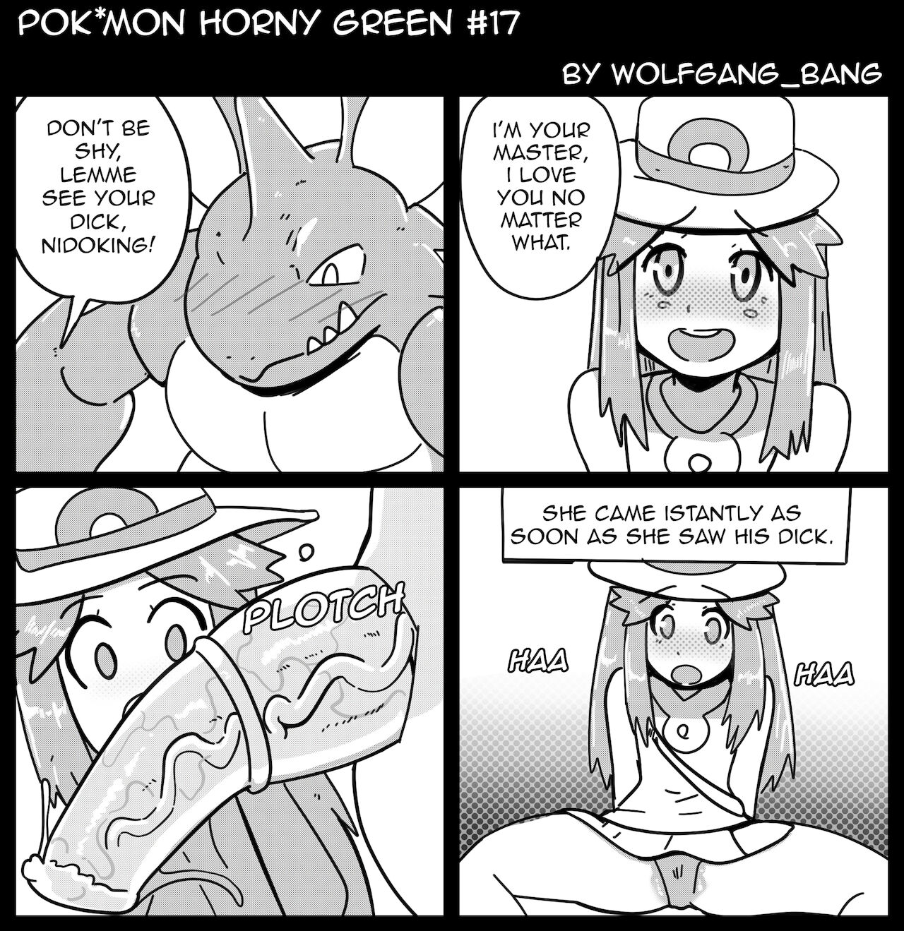 1boy, 1girls, blush, comic, english text, female, female orgasm, hat, leaf (pokemon), looking at penis, male, monochrome, nidoking, orgasm, penis, penis awe, pokémon (species), pokemon, pokemon (species), pokemon frlg, pokemon horny green, pokephilia, pussy, speech bubble, text, wet pussy, wolfgang bang