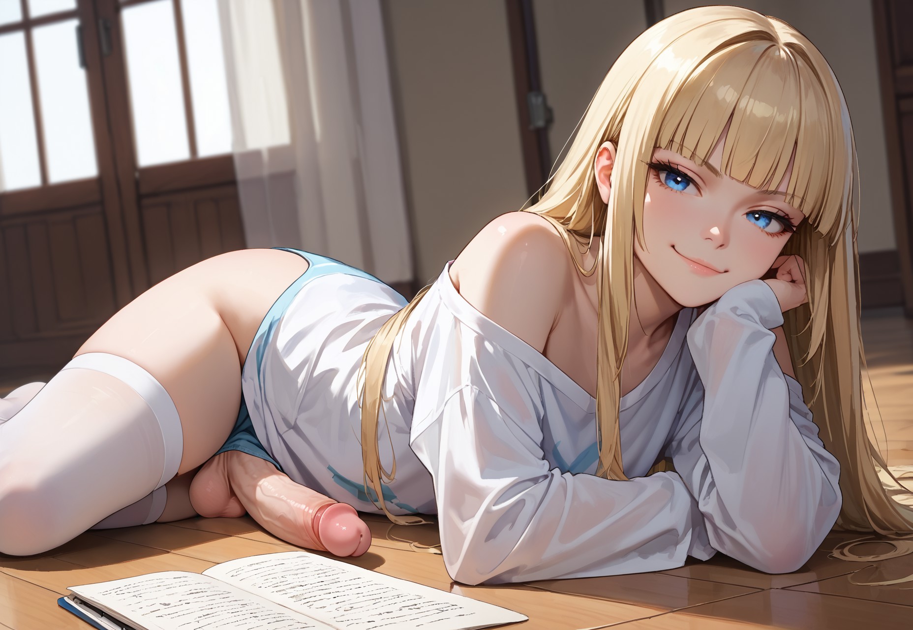 1futa, ai generated, balls, big penis, blonde hair, blue eyes, breasts, collarbone, female, from side, futa only, futanari, hime cut, hime girl (jamesbron), intersex, jamesbron, large penis, leaning on elbow, legwear, long hair, looking at viewer, loose shirt, lying, lying on floor, penis, penis on floor, small breasts, smile, smug, solo, solo futa, stockings, thighhighs, thighs, white legwear, white stockings