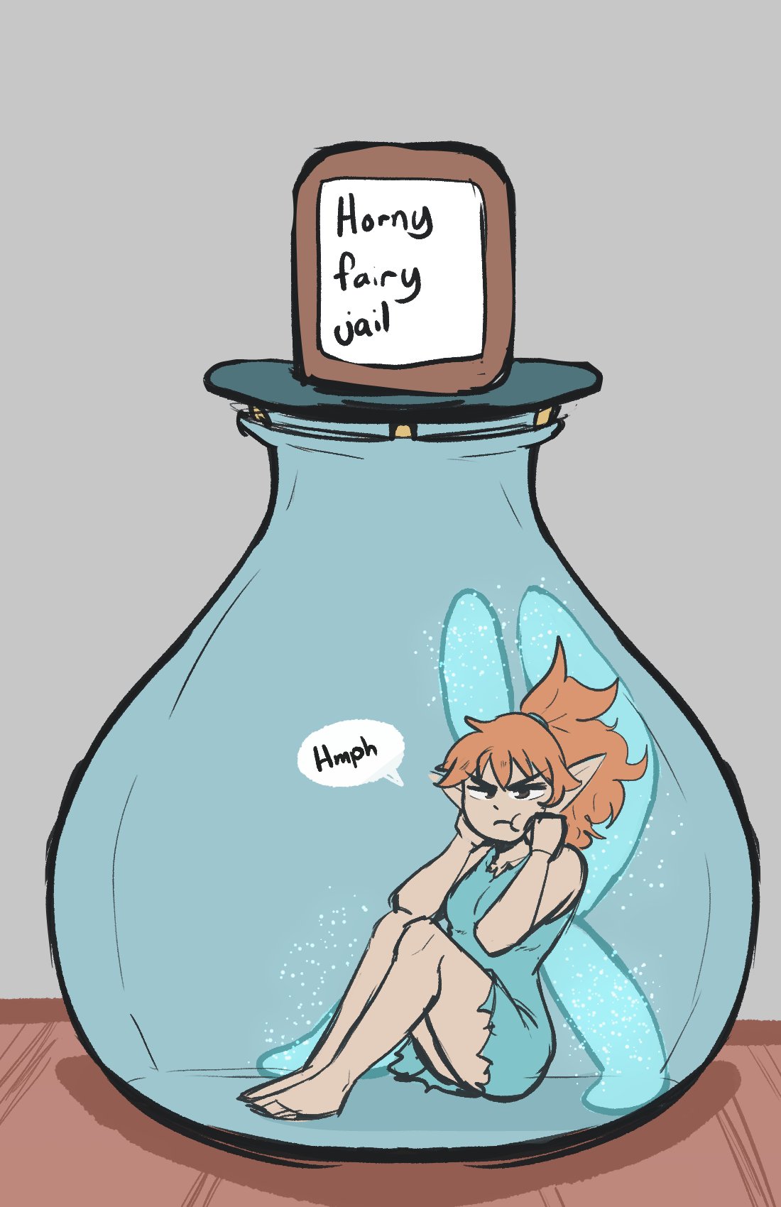 1girls, 2d, clothed, clothes, clothing, color, colored, curvy figure, digital media (artwork), dress, english text, fairy, fairy wings, female, female only, grumpy, horny jail, imprisoned, in container, jar, light skin, light-skinned female, micro female, orange hair, orange-haired female, pointy ears, pout, pouting, reddit dump sorry lol, sam (sihagen), sihagen, sitting, solo, speech bubble, table, tagme, text, trapped, wings
