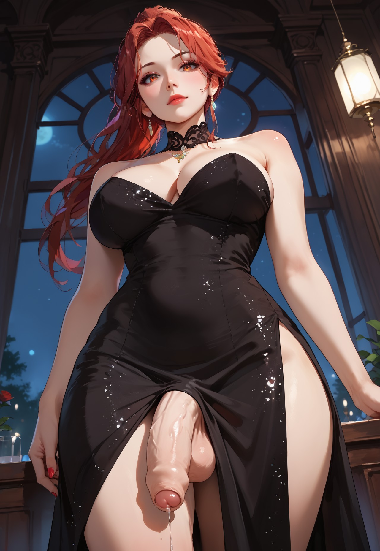 1futa, ai generated, balls, big breasts, big penis, breasts, dress, evening dress, evening lady (jamesbron), flaccid, foreskin, from below, futa only, futanari, intersex, jamesbron, large breasts, large penis, long hair, low-angle view, neckwear, penis, ponytail, precum, precum drip, red eyes, red hair, solo, solo futa, standing, thighs, uncircumcised, wide hips
