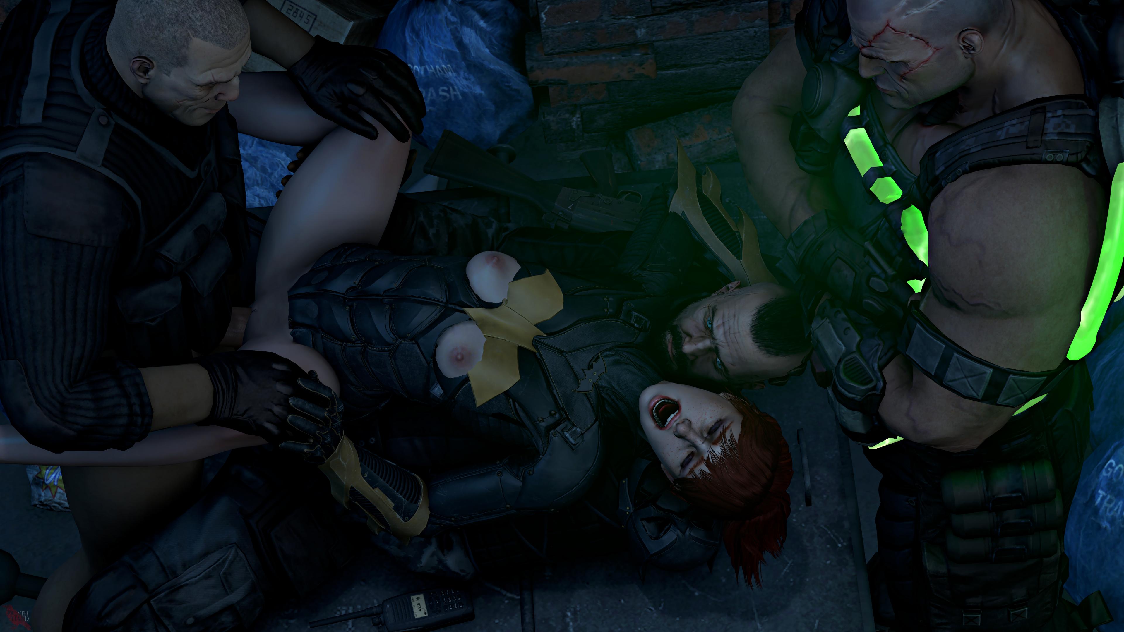 3boys, 3d, areolae, athletic, athletic female, bad end, bane, bane (arkham origins), barbara gordon, batgirl, batgirl (arkham knight), batman (series), batman: arkham knight, breasts, closed eyes, dc, dc comics, deathhandsfm, defeat rape, defeated heroine, female, fit, fit male, gangrape, hair down, hand on leg, heroine, male, mercenary, mmmf foursome, muscular, muscular male, nipples, partially clothed, pussy, rape, raped by enemy, raped by villain, red hair, ripped clothing, sex, spread legs, straight, straight sex, supervillain, vagina, vaginal penetration