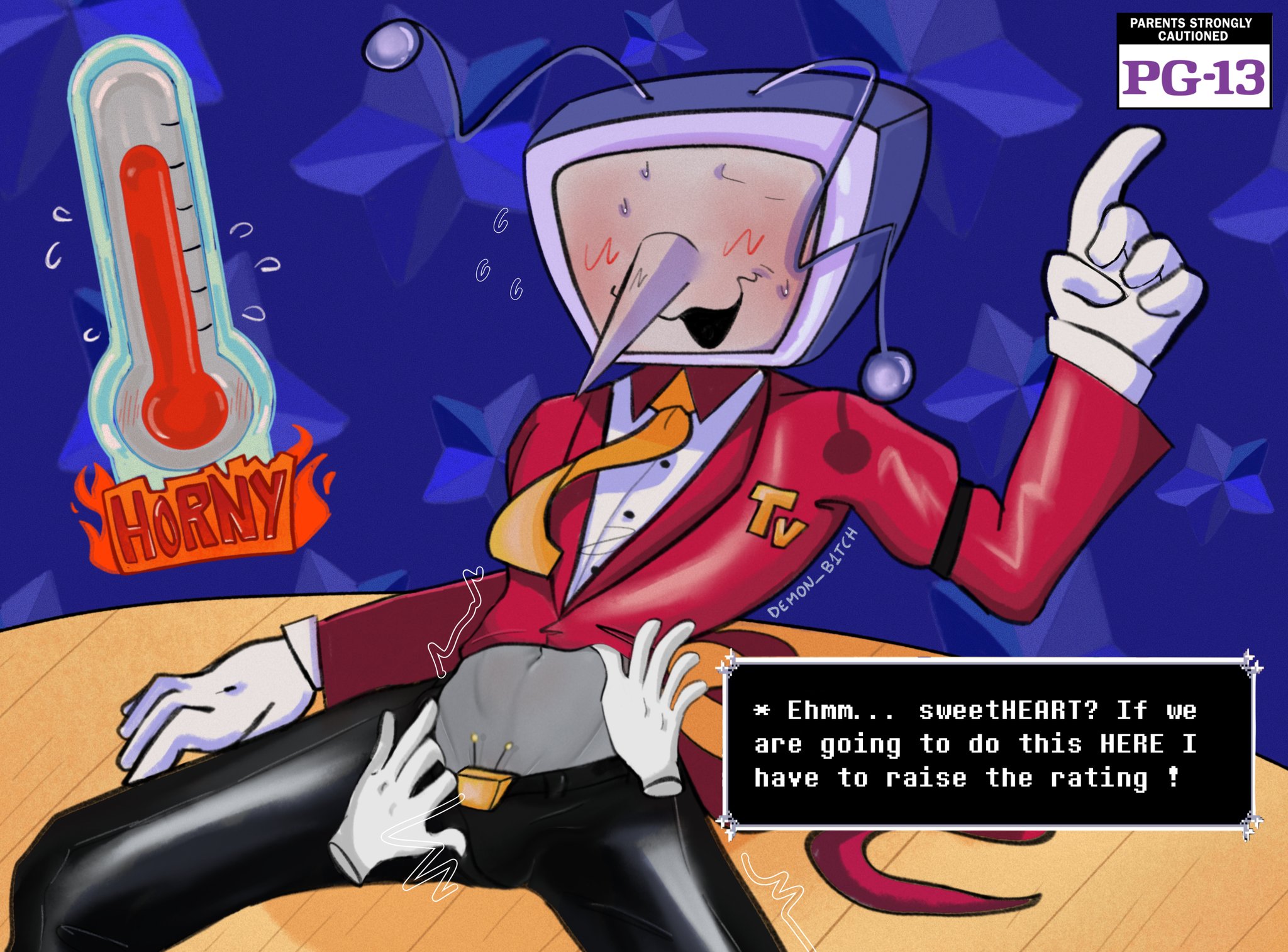 blush, clothed, clothing, crt, deltarune, deltarune chapter 3, grey skin, horny, shiny pants, sweatdrop, sweating, taking clothes off, tenna (deltarune), tv, tv head