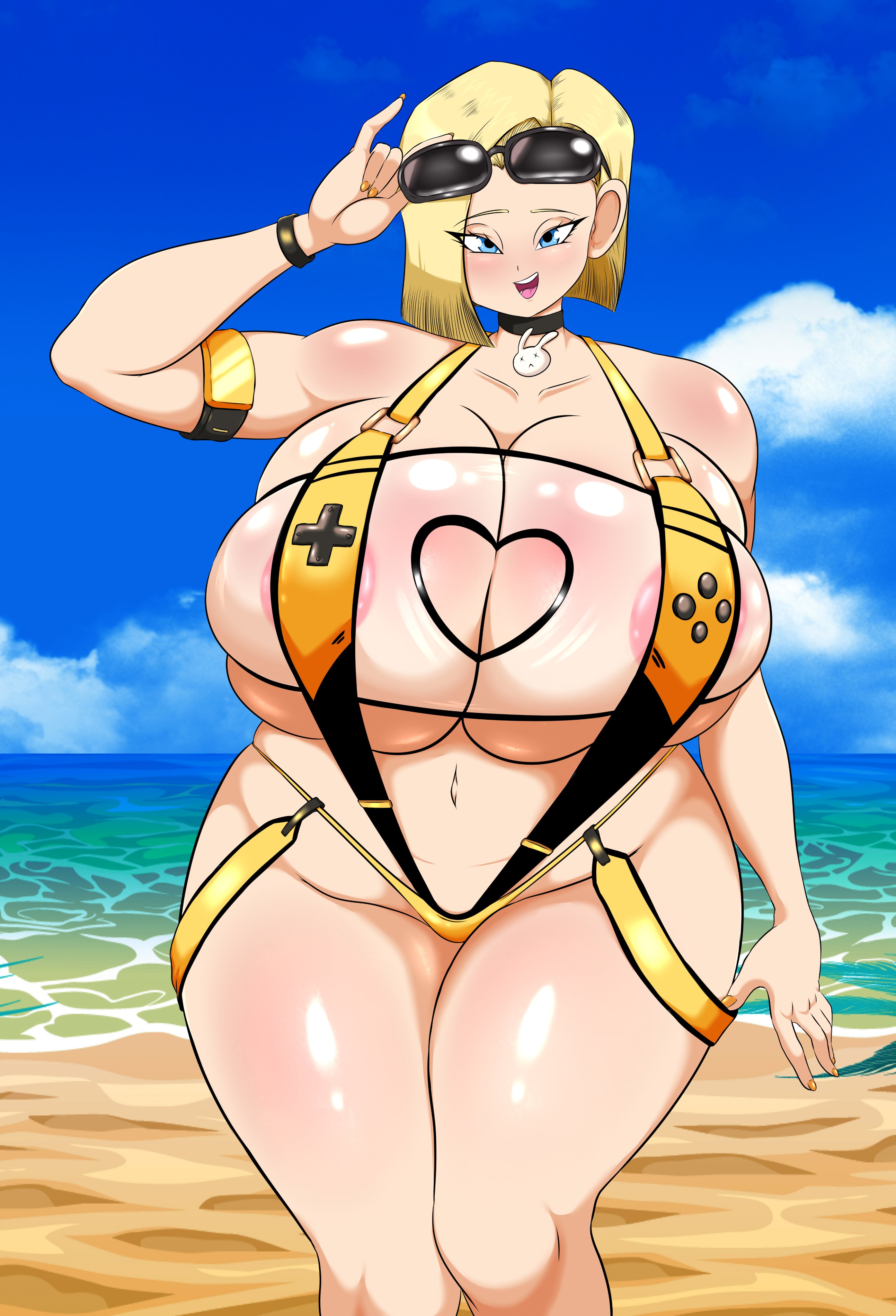 1girls, android 18, armband, beach, big breasts, bikini, blonde female, blonde hair, blue eyes, bracelet, breasts, breasts bigger than head, choker, cleavage, codeyumi, cosplay, curvy, curvy female, curvy figure, dragon ball, dragon ball super, dragon ball z, elegg (boom and shock) (nikke), elegg (boom and shock) (nikke) (cosplay), elegg (nikke), elegg (nikke) (cosplay), eyebrows, eyebrows visible through hair, eyelashes, eyelashes visible through hair, female, female only, goddess of victory: nikke, gold nails, hi res, highres, huge breasts, huge thighs, jpg, large breasts, looking at viewer, milf, nipples, nipples visible through clothing, ocean, open mouth, short hair, smile, solo, solo female, sunglasses, sunglasses on head, swimsuit, thick thighs, thighs, thighs bigger than head, twitter link