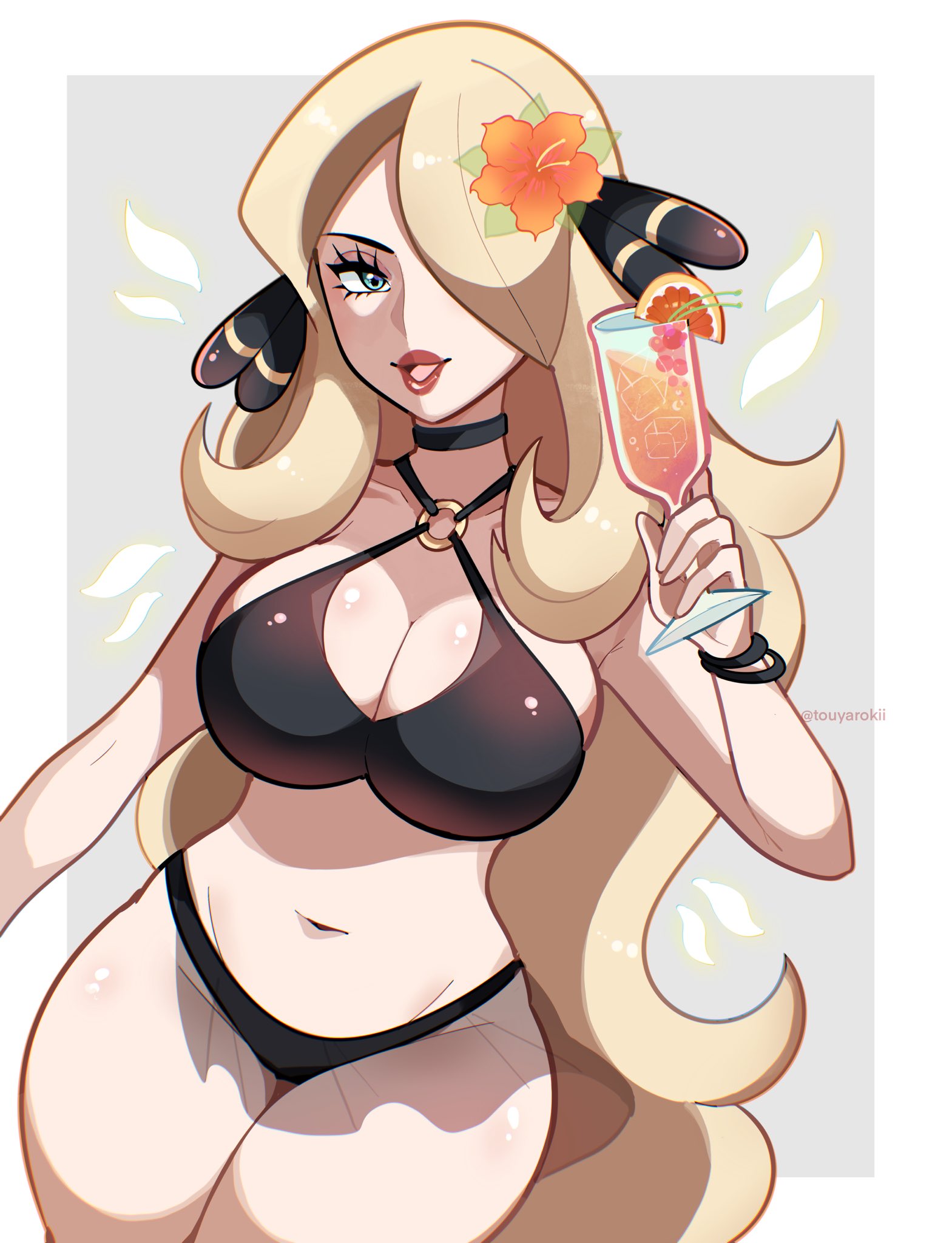 1girls, bikini, black bikini, blonde hair, blue eyes, cleavage, clothed, cocktail, cynthia (pokemon), female, pokemon, skintight, solo, touyarokii