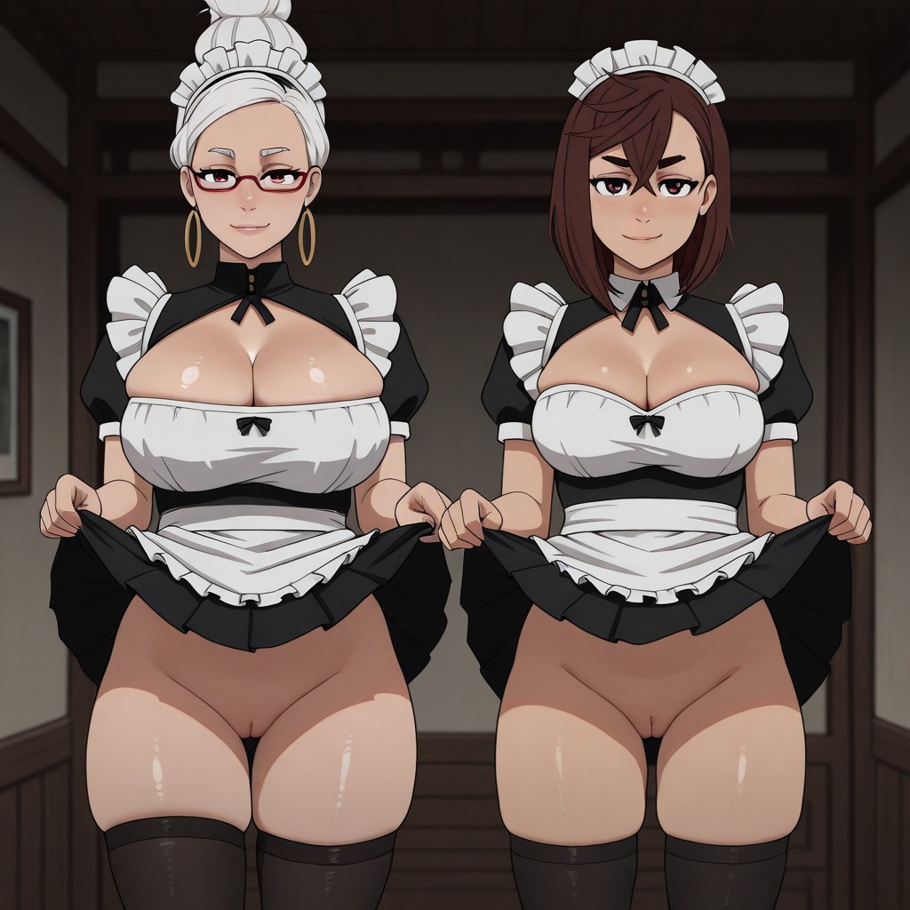 2girls, ai generated, asmodeusoni, ayase momo, ayase seiko, brown hair, cleavage, dandadan, female, female only, maid, maid headdress, maid outfit, multiple girls, pulling up skirt, pussy, skirt lift, thighhighs, white hair