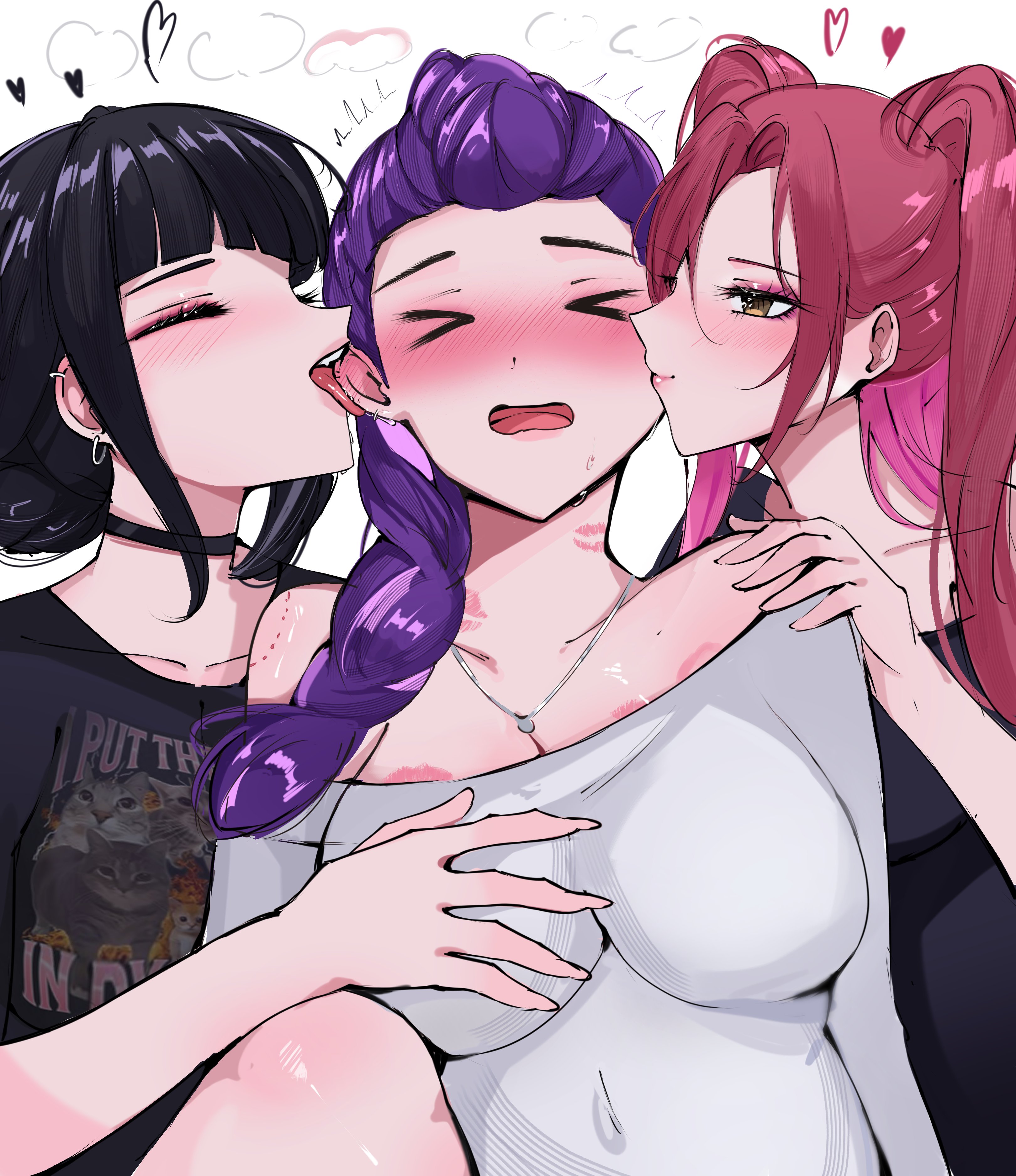 3girls, arnkun, bad anatomy, bite mark, breasts, clothed, ear fetish, ear licking, female, groping breasts, hearts around head, kissing, kpop demon hunters, lesbian focus, licking, lipstick mark, mira (kpop demon hunters), polytrix, rumi (kpop demon hunters), threesome, yuri, zoey (kpop demon hunters)