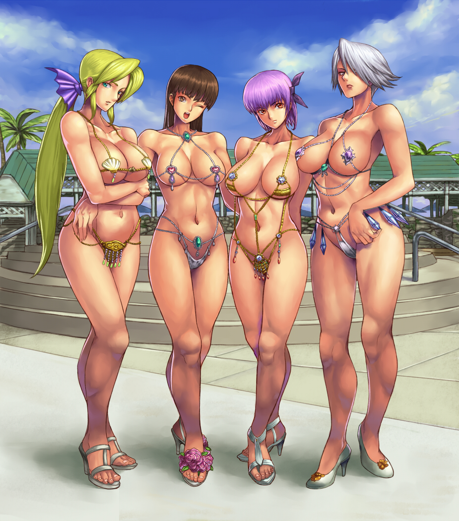 4girls ayane_(doa) beaded_bikini bikini christie_(doa) dead_or_alive female female_only helena_douglas high_heels huge_breasts ibanen jewelry lei_fang micro_bikini multiple_girls shell_bikini skimpy skimpy_bikini standing string_bikini