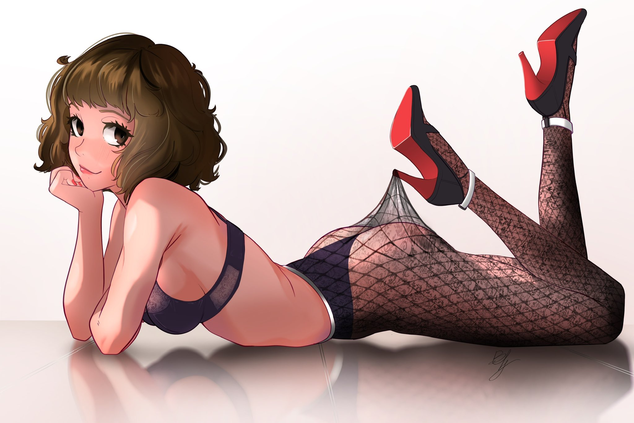 1girls, 2d, ass, atlus, big breasts, black bra, black panties, blysill, bottomwear, bra, breasts, brown hair, color, feet up, female, female only, fishnet pantyhose, fishnets, footwear, full color, hair, heels, high heels, lace, lace pantyhose hooked on heel (meme), lace trim, lace-trimmed bra, lace-trimmed legwear, lace-trimmed panties, lace-trimmed pantyhose, legs up, legwear, light skin, light-skinned female, lingerie, lips, looking at viewer, mature, mature female, mature woman, meme, nail polish, nails, on stomach, panties, panties under pantyhose, pantyhose, persona, persona 5, pumps, red nail polish, red nails, sadayo kawakami, shoes, short hair, solo, solo female