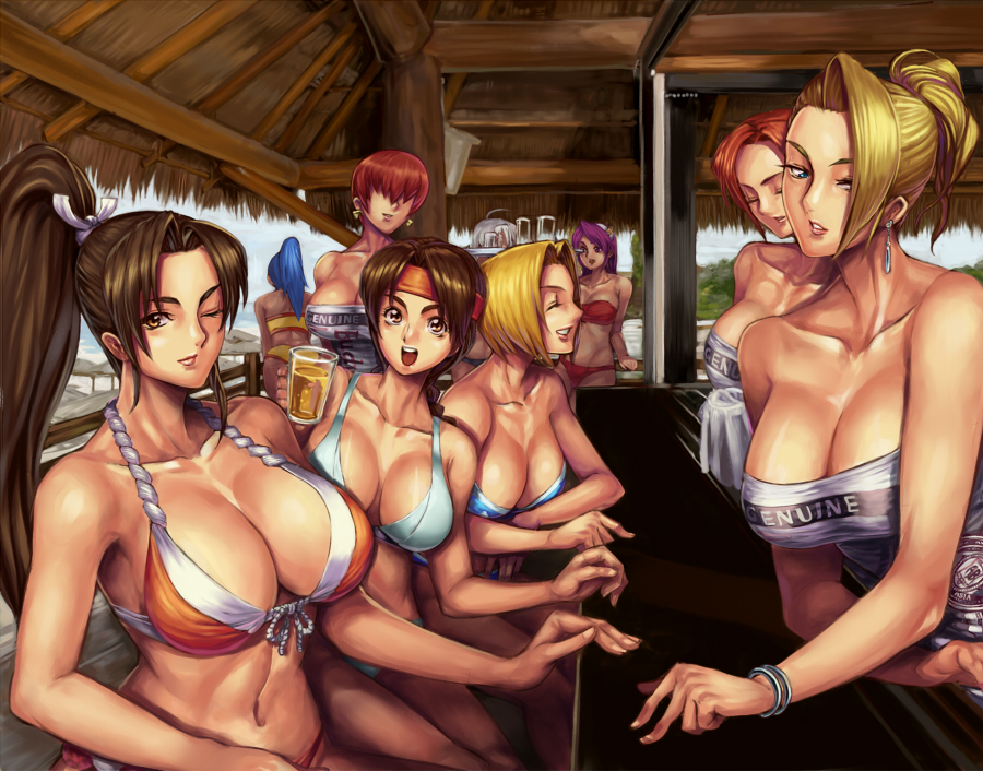 9girls ahoge alcohol angel_(kof) asian athena_asamiya beer bikini blonde_hair blue_hair blue_mary bracelet breasts brown_hair cleavage closed_eyes earrings error fatal_fury female hair_over_eyes hair_over_one_eye headband ibanen jewelry king_of_fighters large_breasts latina leona_heidern mai_shiranui mature_(kof) multiple_girls navel one_eye_closed open_mouth ponytail purple_hair red_hair shermie_(kof) sitting smile snk swimsuit vanessa_(kof) white_hair wink yuri_sakazaki