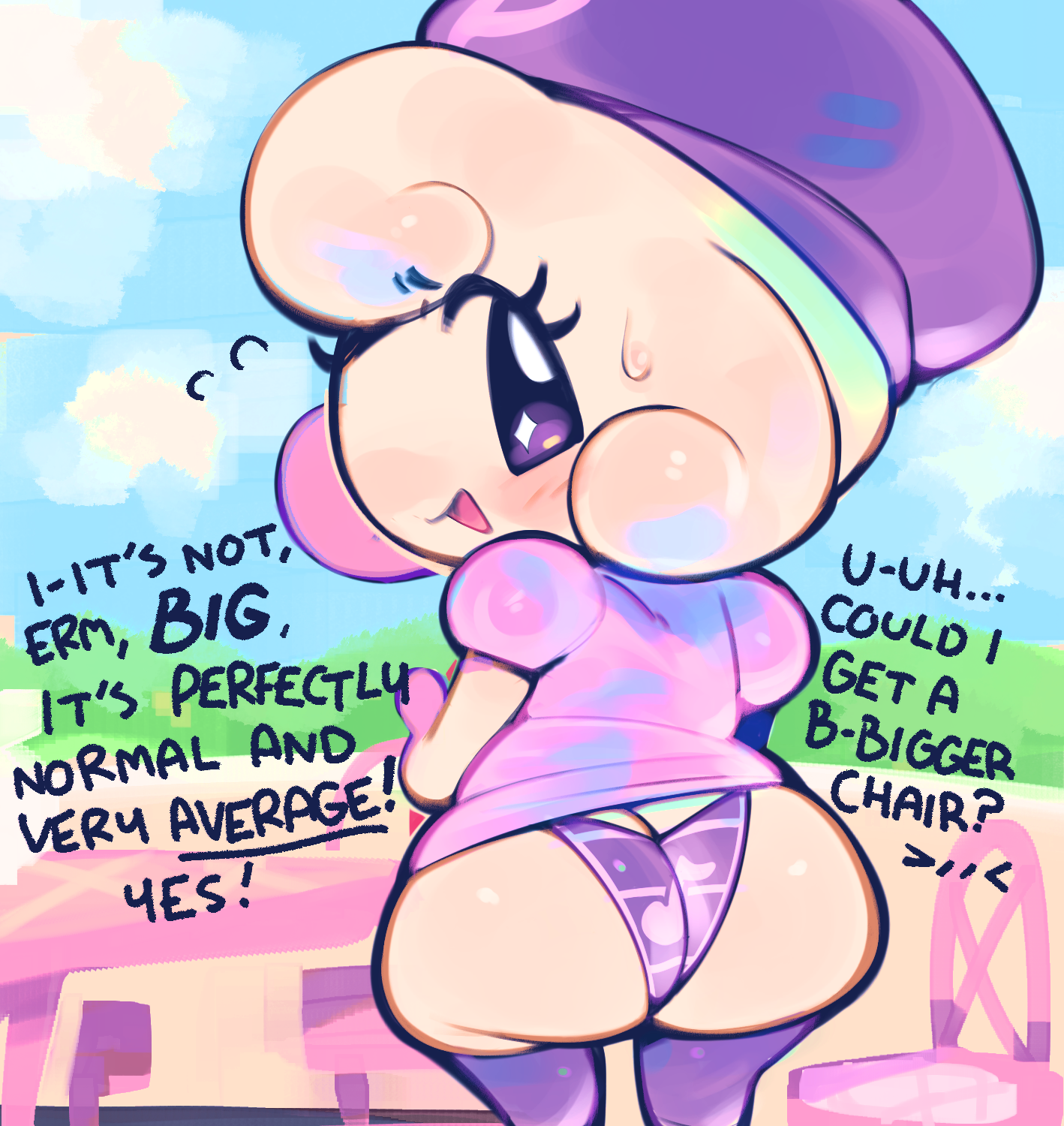 1girls, beret, big ass, big butt, big hips, blush, blush lines, blush stickers, chibi, curly hair, detailed background, dialogue, dress lift, embarrassed, english text, exposed panties, female, hi res, hips wider than shoulders, huge ass, huge butt, ligma (artist), looking at viewer, looking back, musical note, panties, panties showing, pianitchi, purple eyes, rear view, short skirt, shortstack, stockings, tamagotchi, too small clothes, underwear, wide hips