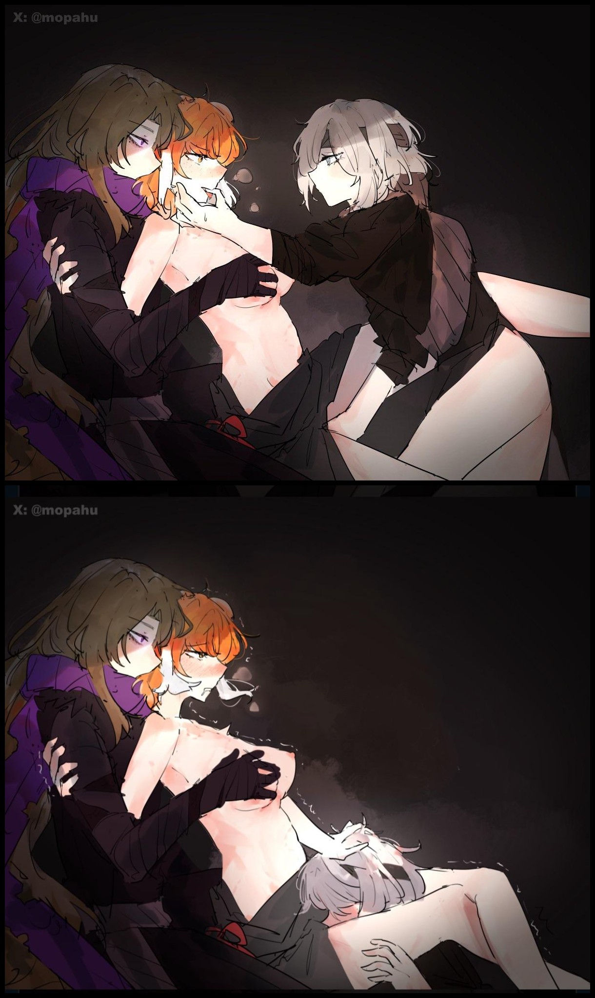 3girls, breasts, cunnilingus, eating pussy, faust (limbus company), female, female focus, female only, ginger, ginger female, ginger hair, groping breasts, groping from behind, hand on mouth, heishou pack-mao branch (identity) (project moon), heishou pack-si branch (identity) (project moon), ishmael (limbus company), lesbian sex, limbus company, mopahu, naked, naked female, nude, nude female, project moon, pussy, rodion (limbus company), threesome, twitching, yuri