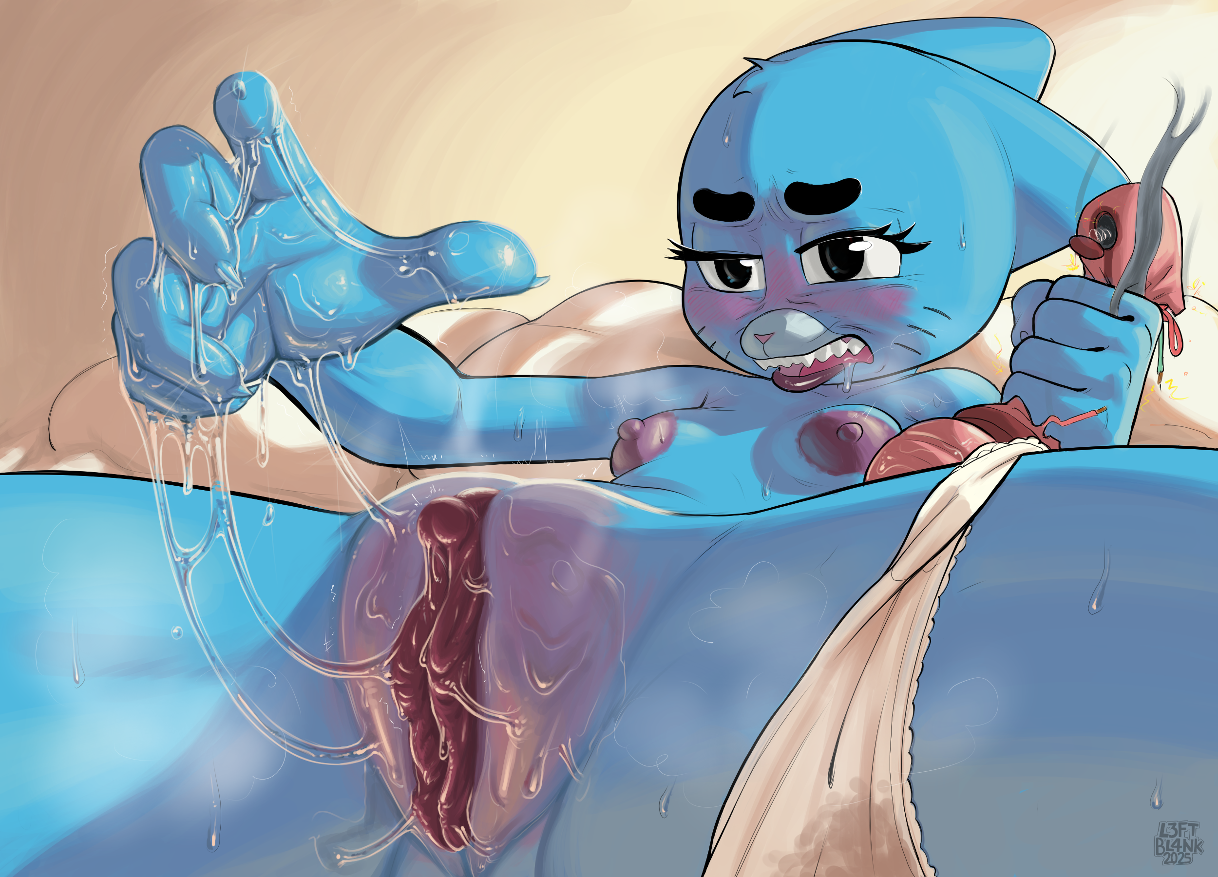 2025, anthro, areola, artist name, bed, big ass, big clitoris, blue body, blush, bodily fluids, body blush, breasts, broken sex toy, cartoon network, clitoris, clothed, clothing, clothing around one leg, digital media (artwork), domestic cat, drooling, excessive genital fluids, excessive vaginal fluids, felid, feline, felis, female, fingers, frown, frustrated, fur, furniture, genital fluids, genitals, hi res, l3ftbl4nk, lying, mammal, masturbation, nicole watterson, nipples, nude, on back, on bed, open mouth, panties, panties around one leg, panties down, partially clothed, pussy, saliva, sex toy, signature, simple background, solo, steam, steaming pussy, sweat, teeth, text, the amazing world of gumball, underwear, underwear around one leg, underwear down, vaginal fluids, vaginal fluids on hand, vaginal juices, vaginal masturbation, vaginal penetration, vibrator, vulva, vulva blush, wand vibrator, wet, wet clothing, wet panties, wet underwear