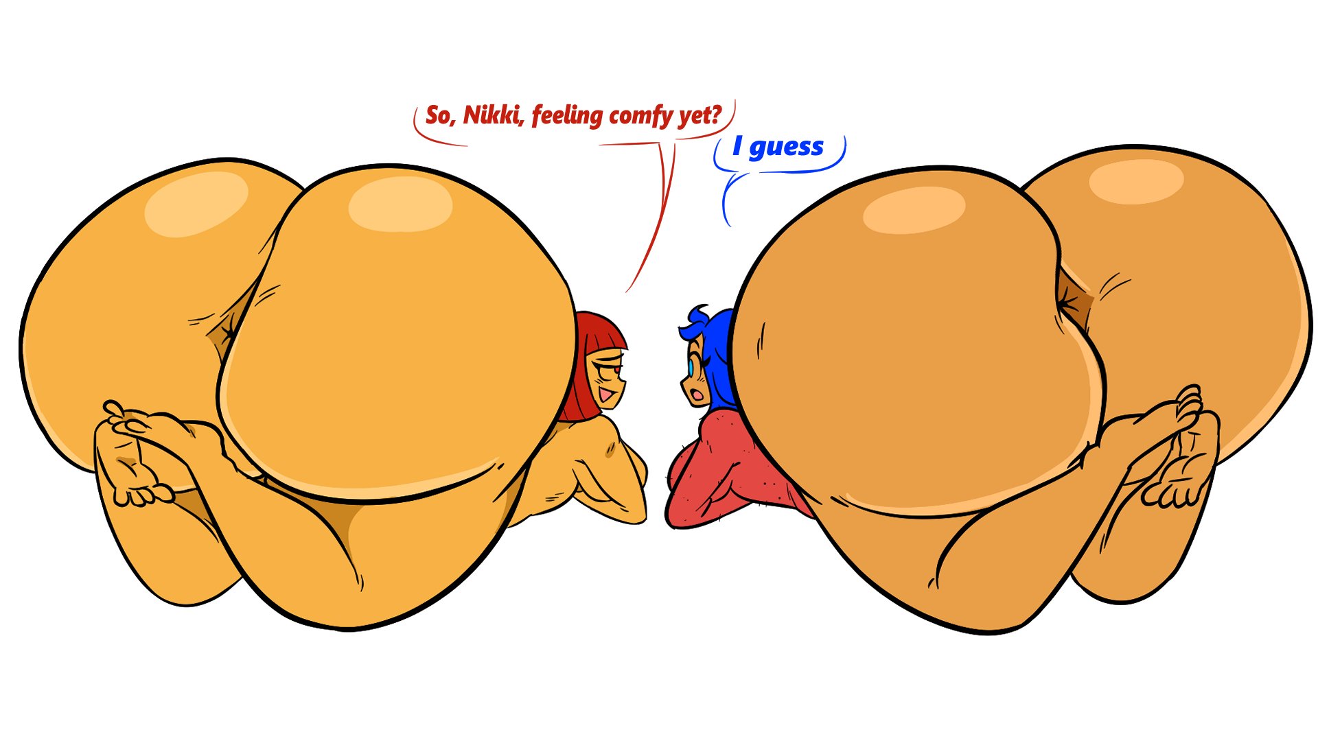2girls, anus, anus peek, asian, asian female, ass, ass body, ass dent, ass focus, asshole, asshole focus, big ass, big booty, blue eyes, blue hair, booty, butt focus, cgthiccart, commission, dialogue, doubleksauce, duo, duo female, duo focus, emi (doubleksauce), feet, feet focus, feet up, female, gigantic ass, gigantic butt, huge ass, huge butt, human, hyper, hyper anus, hyper ass, hyper butt, japanese female, korean female, large ass, large butt, lying on stomach, meat wall (body type), naked, naked female, nikki (cgthiccart), nude, nude female, red eyes, red hair, smelly ass, smirking at partner, stinky ass, tagme, two characters, white background