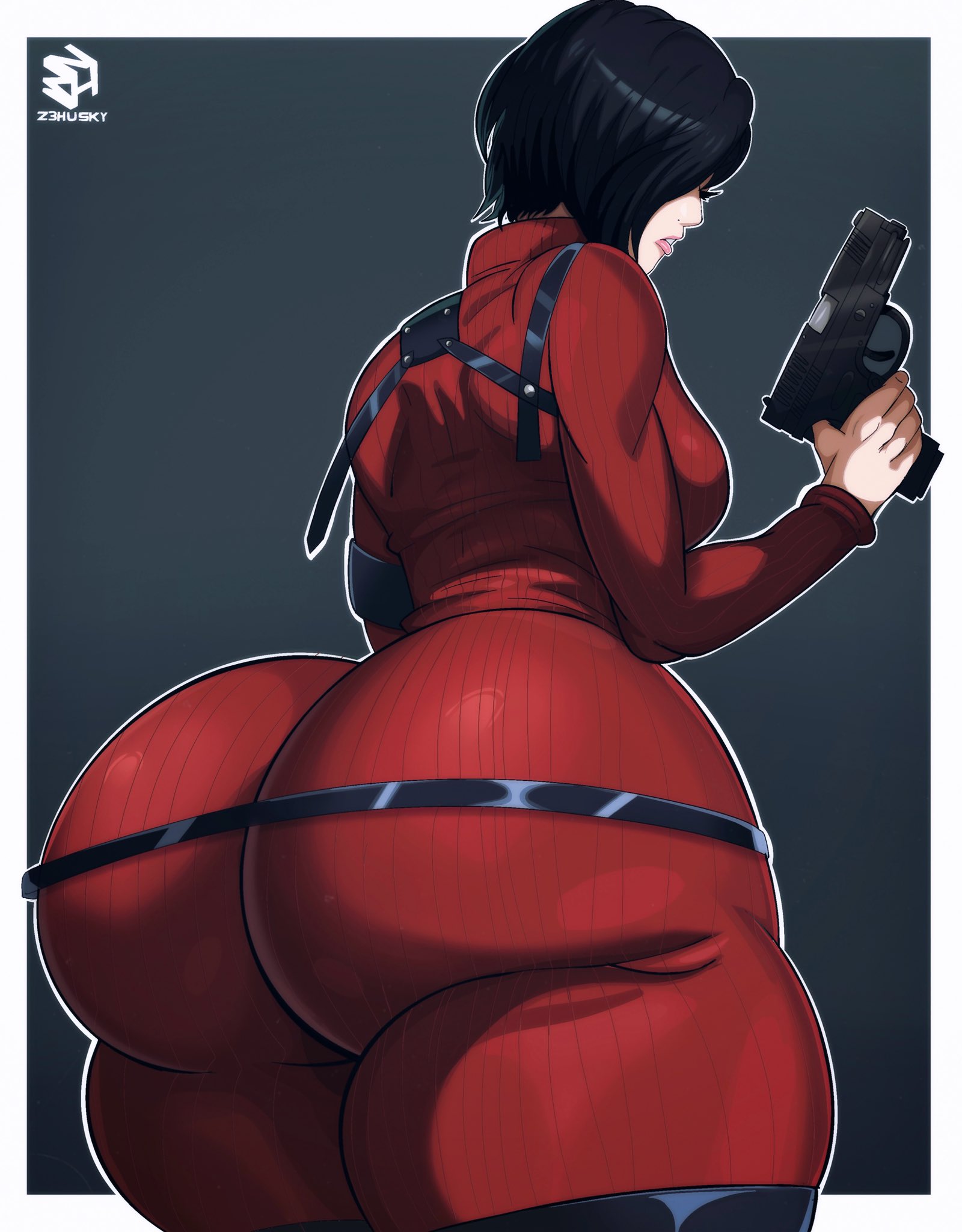 1girls, ada wong, asian, asian female, ass, ass focus, big ass, black hair, bottom heavy, breasts, capcom, clothing, eyes closed, fat ass, female, female only, gluteal fold, gun, hair over one eye, huge ass, large ass, massive ass, pistol, rear view, resident evil, resident evil 4, resident evil 4 remake, solo, thick ass, thick thighs, weapon, wide hips, z3husky